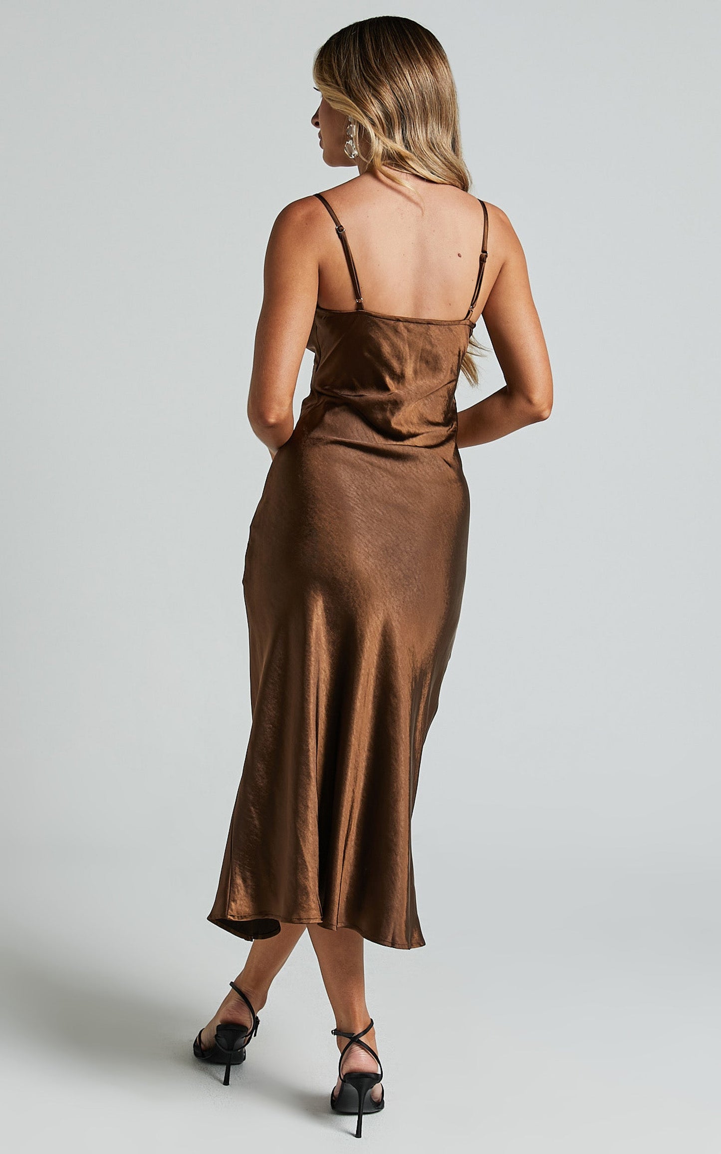 Astoria Midi Dress - Satin Bias Cut Twist Front Cut Out Dress in Chocolate