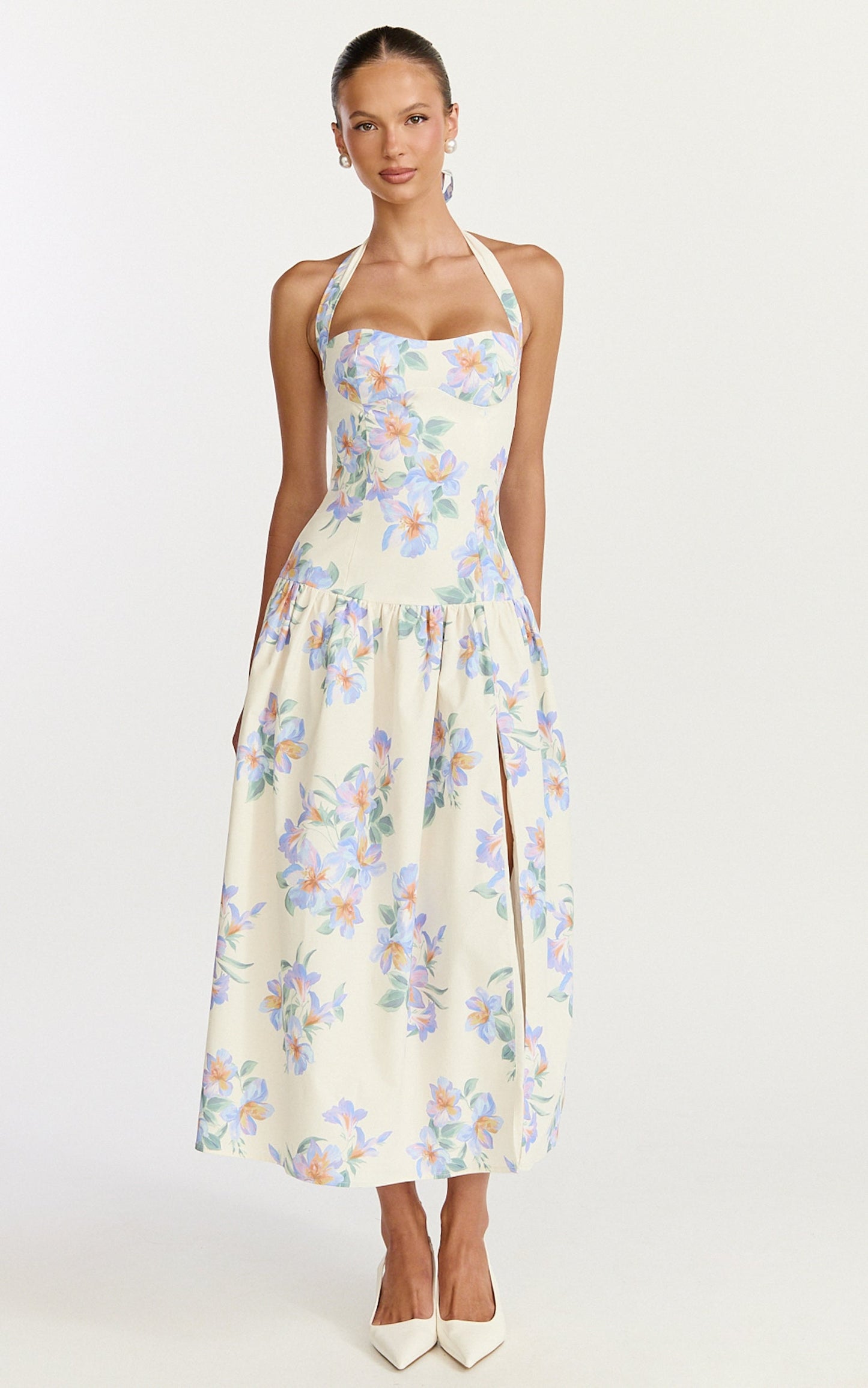Astra Midi Dress - Halter Neck Drop Waist Dress in Astra Posey Floral Print