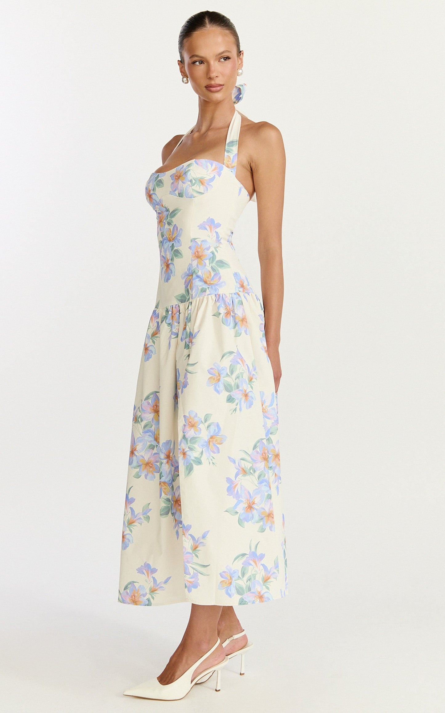 Astra Midi Dress - Halter Neck Drop Waist Dress in Astra Posey Floral Print