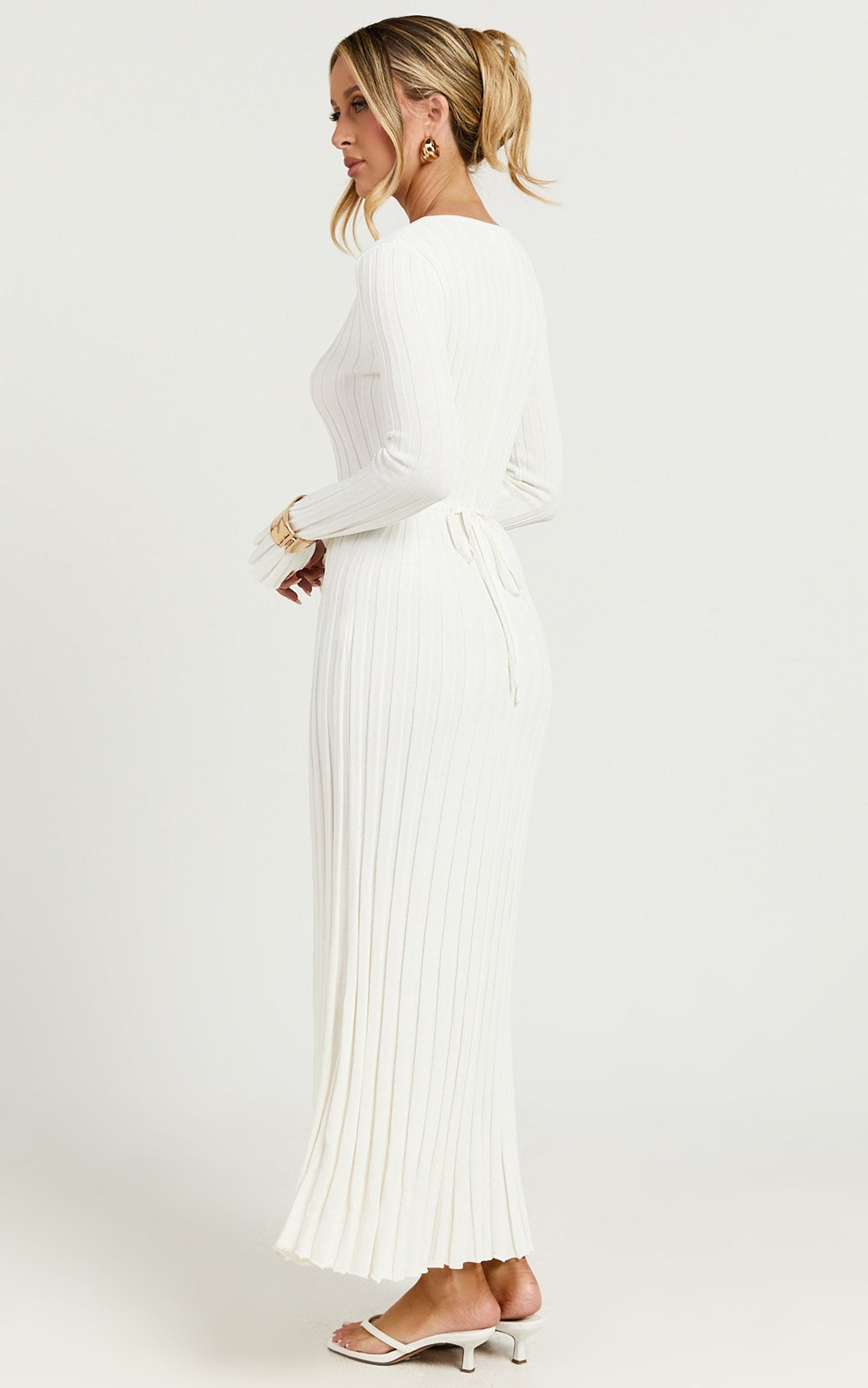 Astra Maxi Dress - V Neck Long Sleeve Knit Dress in White