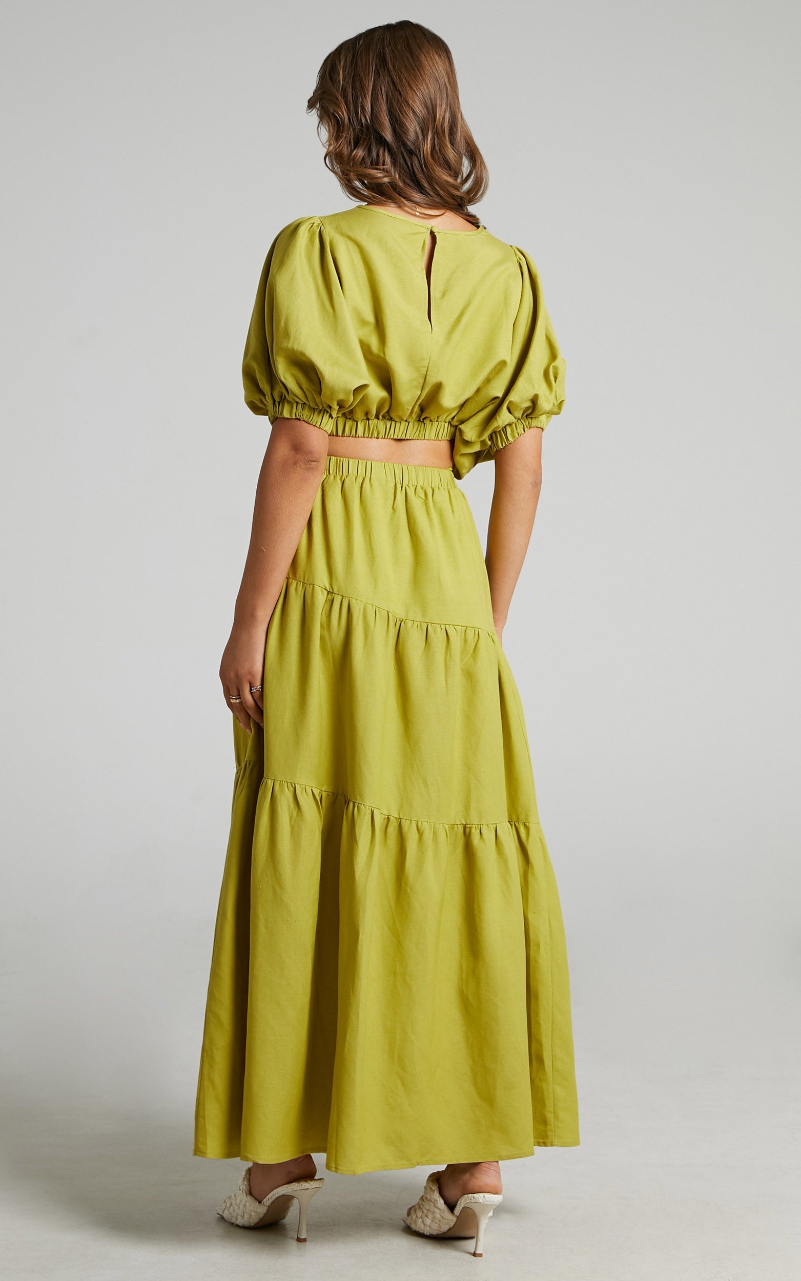 Astrid Two Piece Set - Linen Long Sleeve Top and Thigh Split Midi Skirt Set in Green