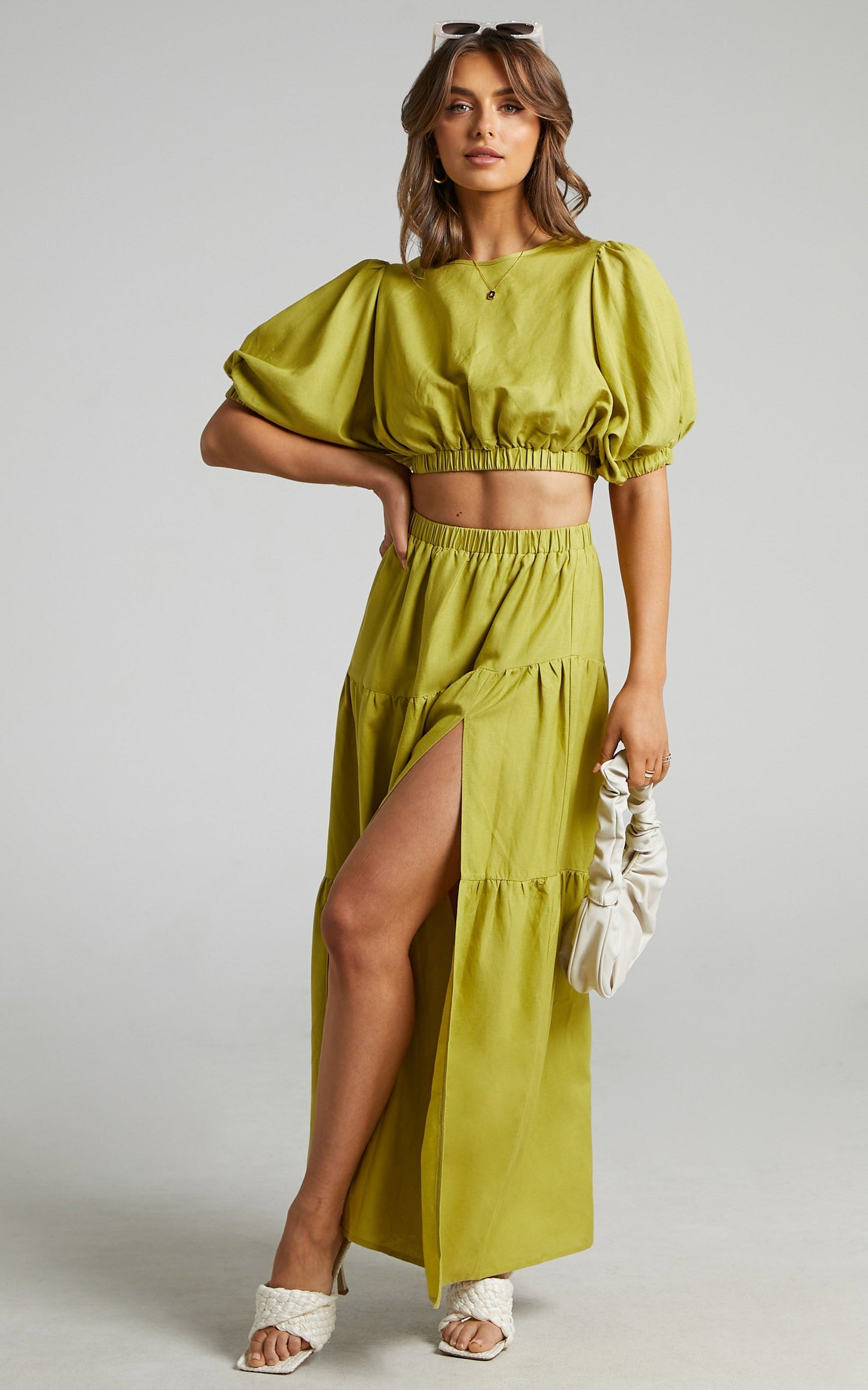 Astrid Two Piece Set - Linen Long Sleeve Top and Thigh Split Midi Skirt Set in Green