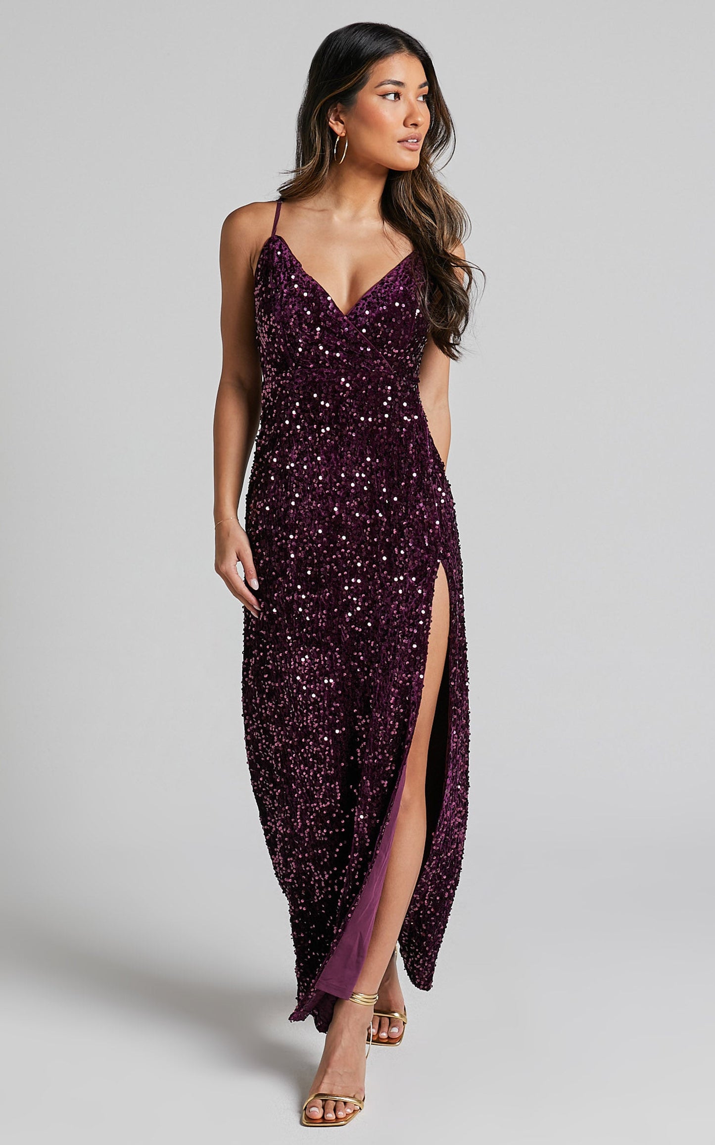 Athens Maxi Dress - V Neck Thigh Slit Sequin Dress in Purple