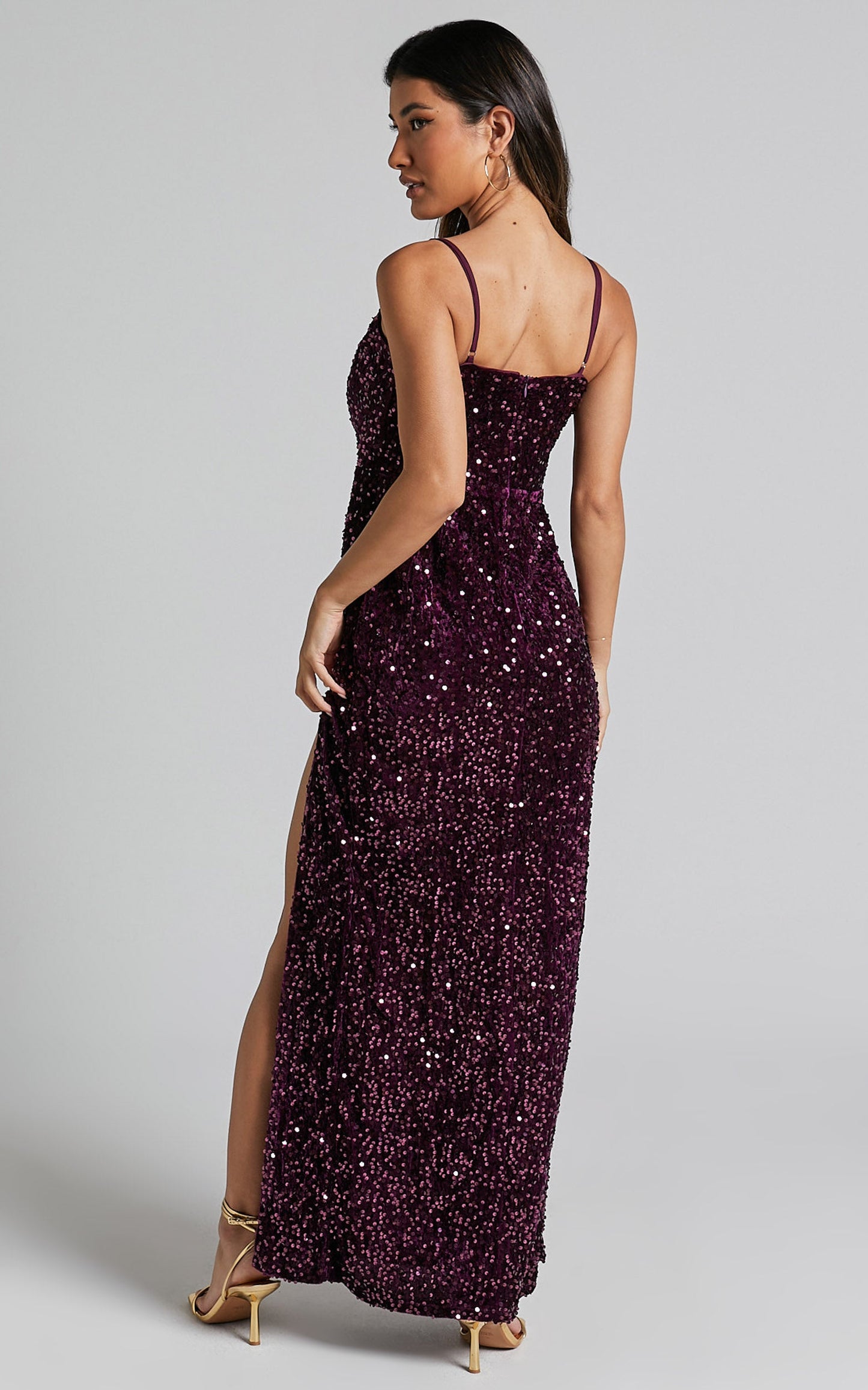 Athens Maxi Dress - V Neck Thigh Slit Sequin Dress in Purple