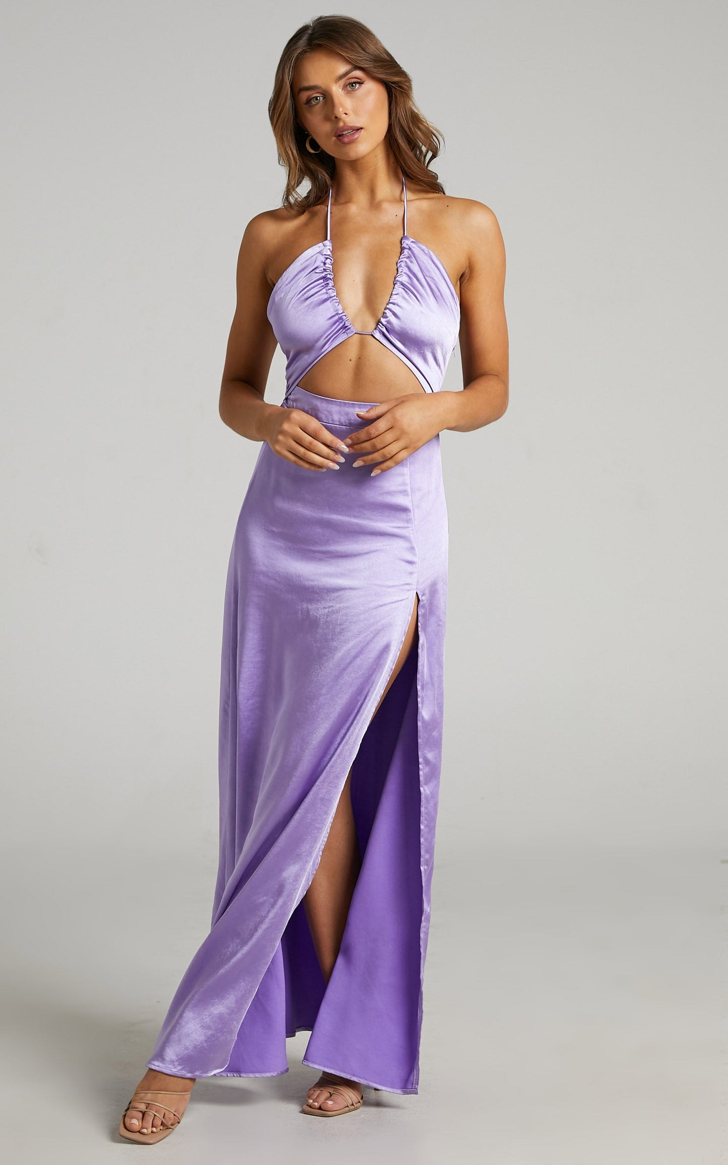 Audora Cut Out Halter Thigh Split Maxi Dress in Lilac Satin