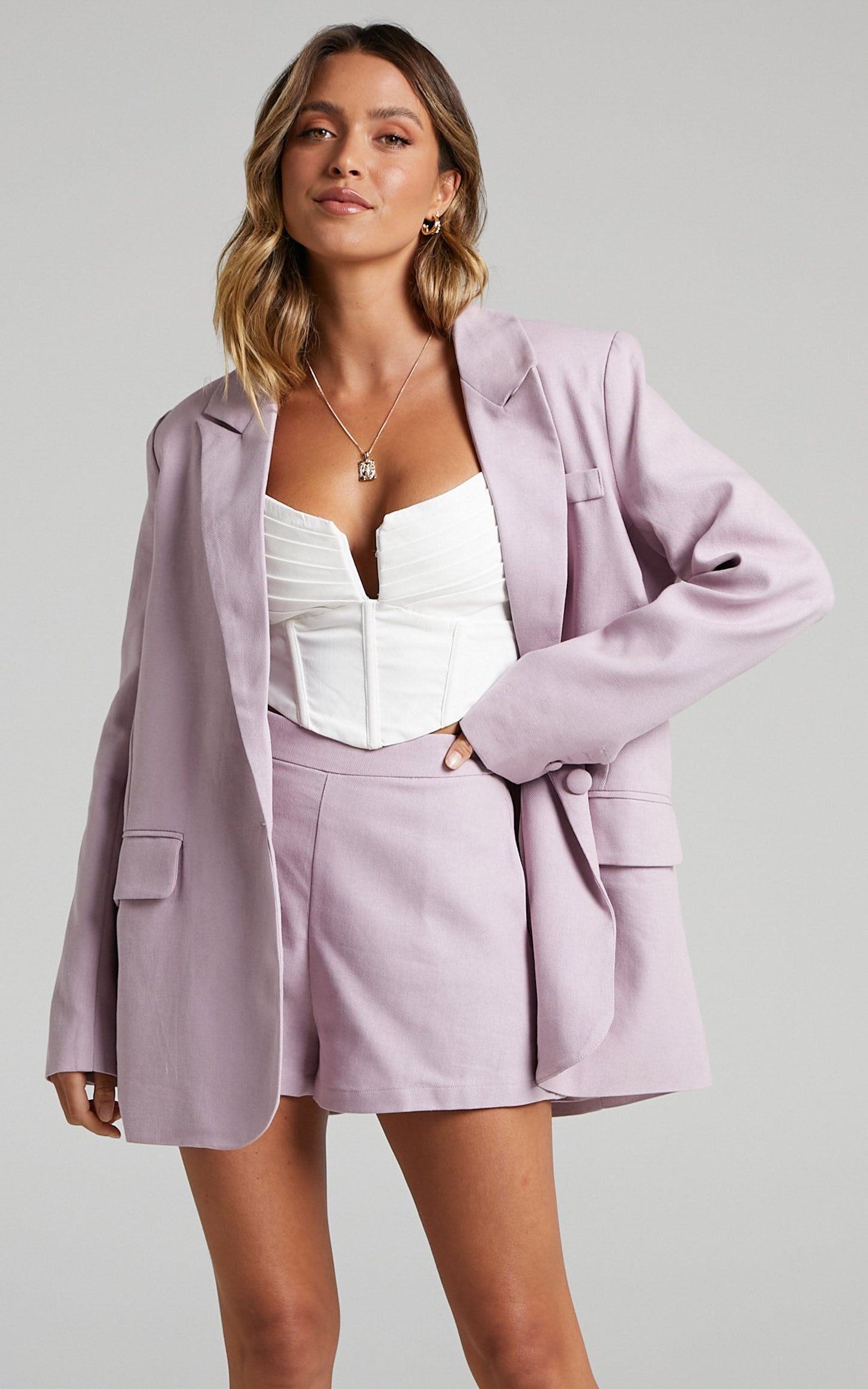 Audrianna Shorts - Linen High Waisted Shorts in Lilac Linen Look