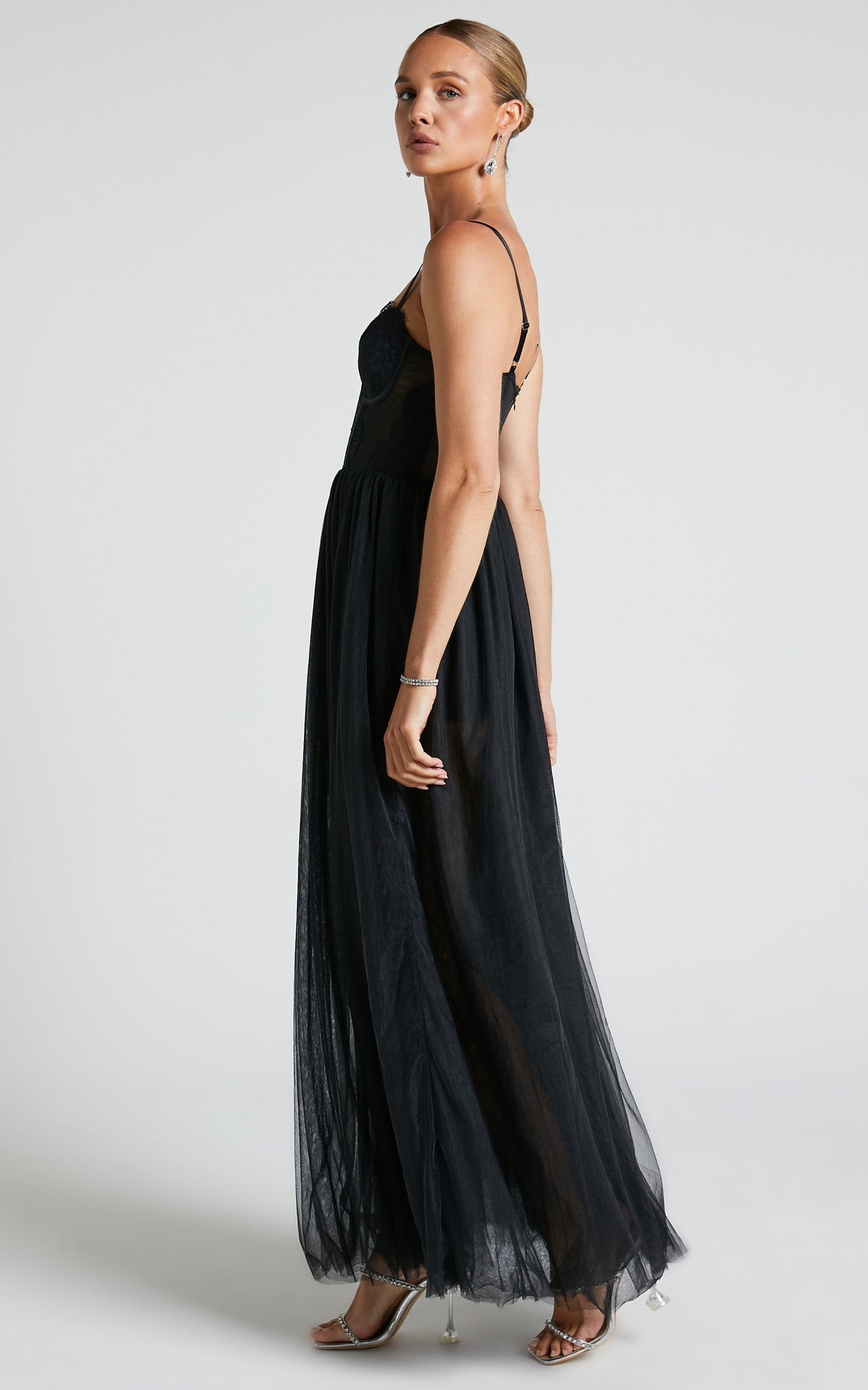Audrie Midi Dress - Lace Corset Tulle Dress in Black