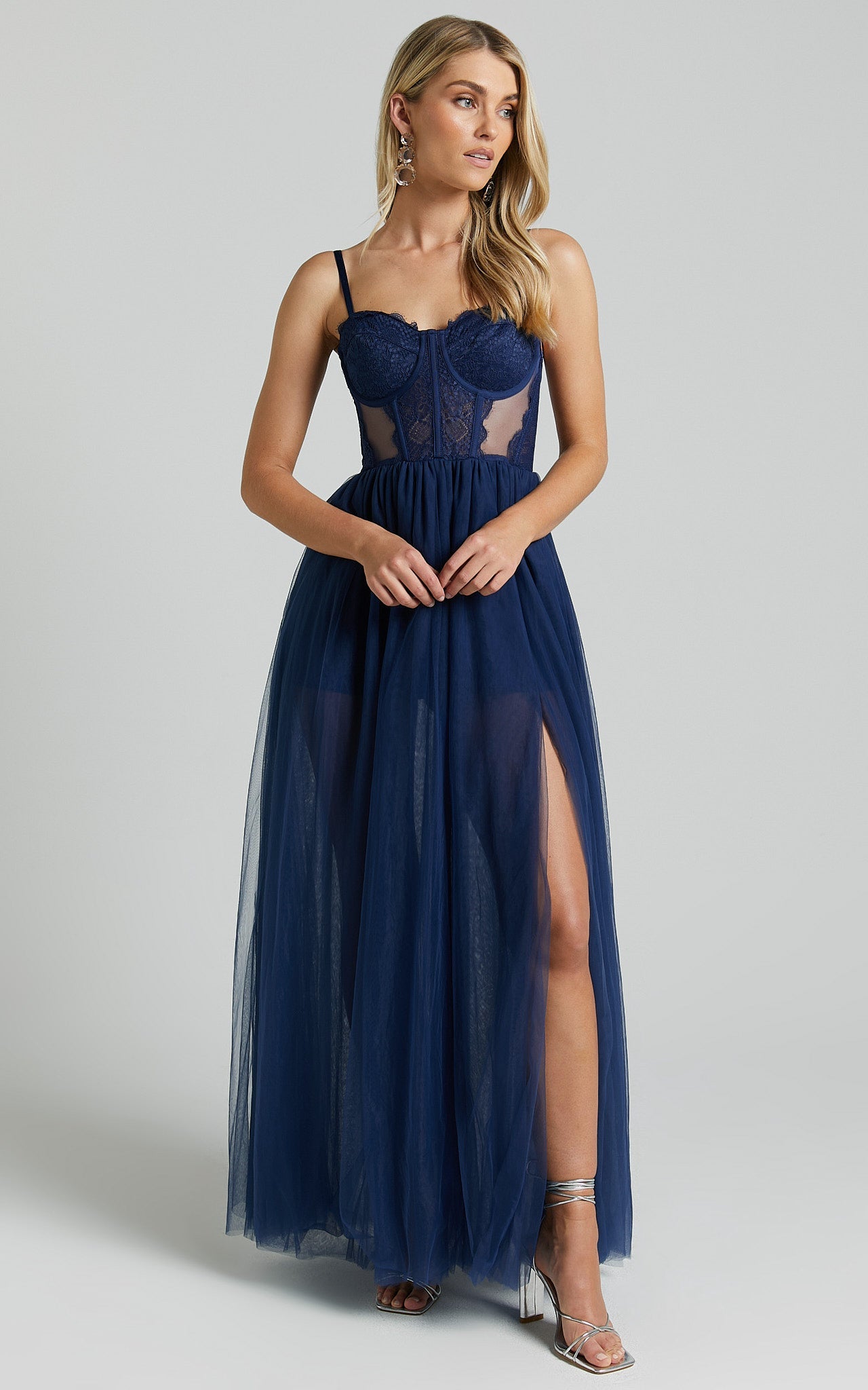 Audrie Midi Dress - Lace Corset Tulle Dress in Navy