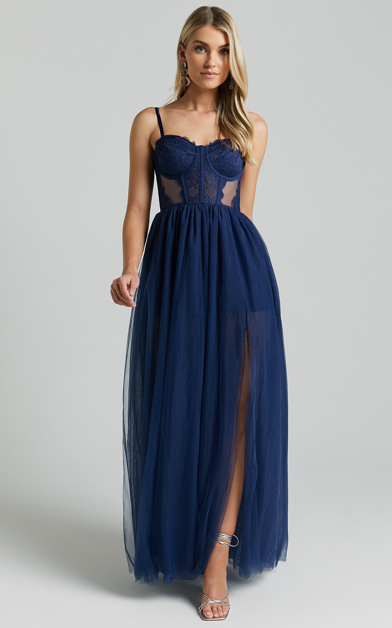 Audrie Midi Dress - Lace Corset Tulle Dress in Navy
