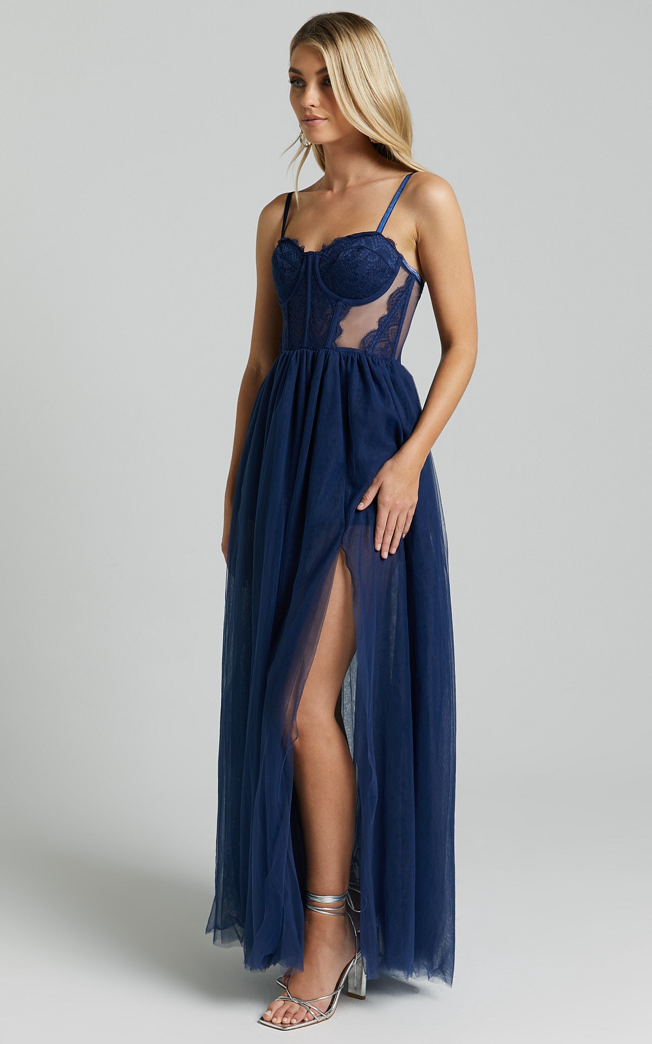 Audrie Midi Dress - Lace Corset Tulle Dress in Navy