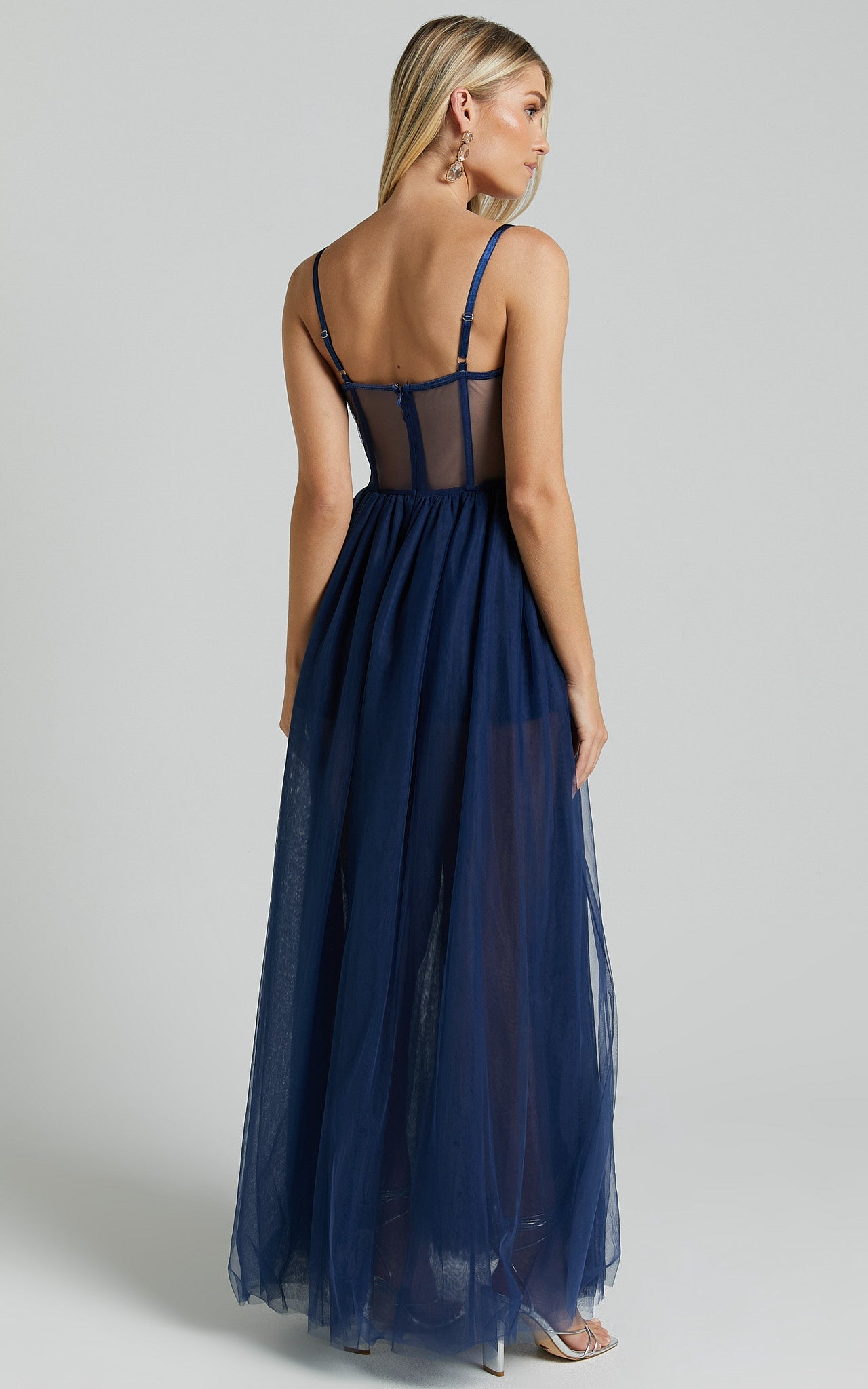 Audrie Midi Dress - Lace Corset Tulle Dress in Navy