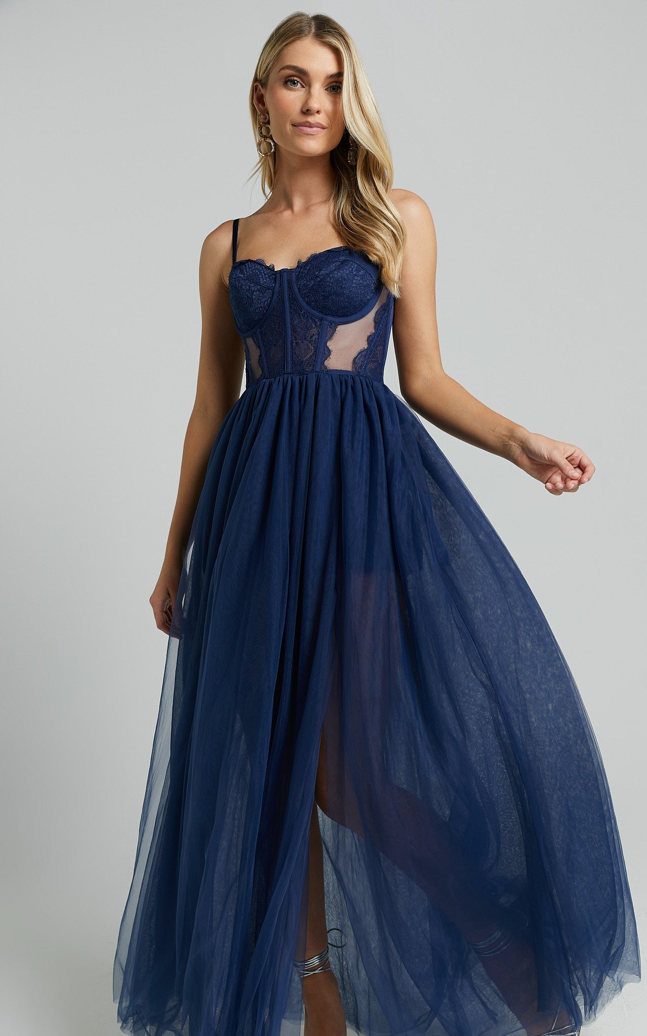 Audrie Midi Dress - Lace Corset Tulle Dress in Navy