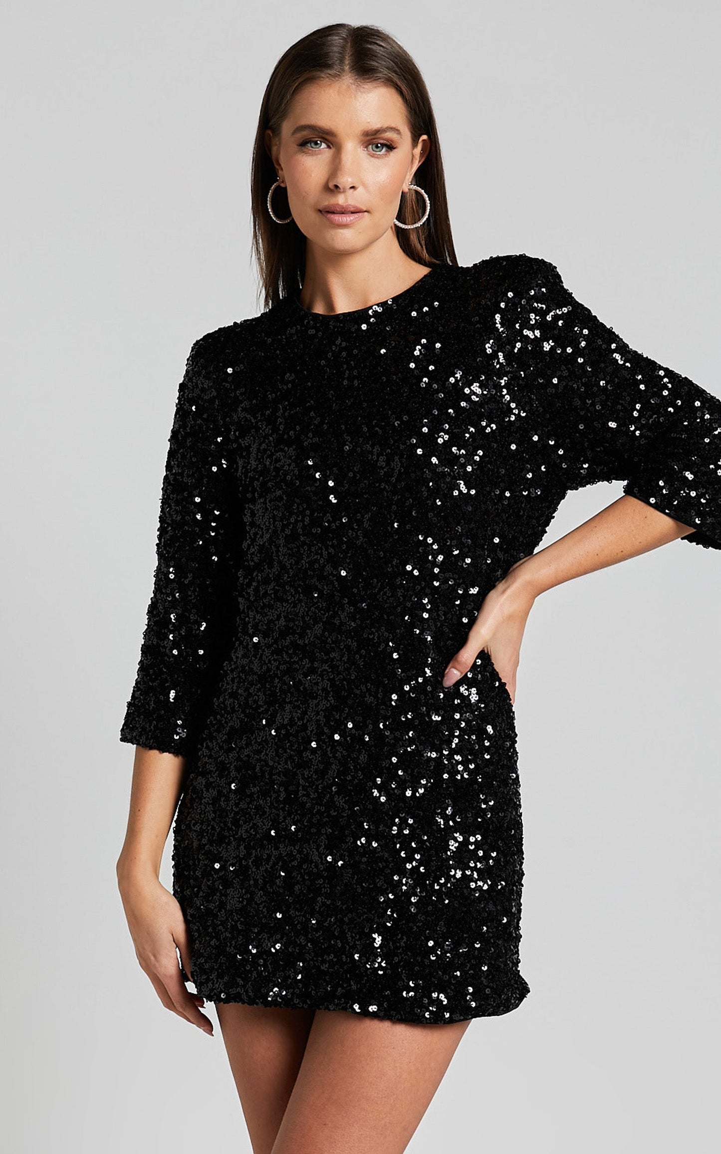 Audrienna Mini Dress - Sequin Long Sleeve Scoop Neck in Black