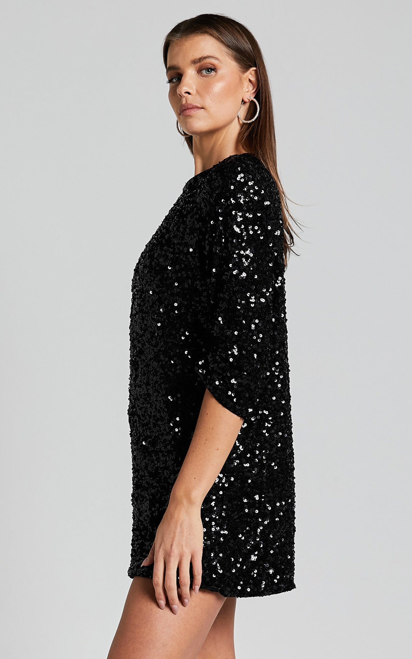 Audrienna Mini Dress - Sequin Long Sleeve Scoop Neck in Black