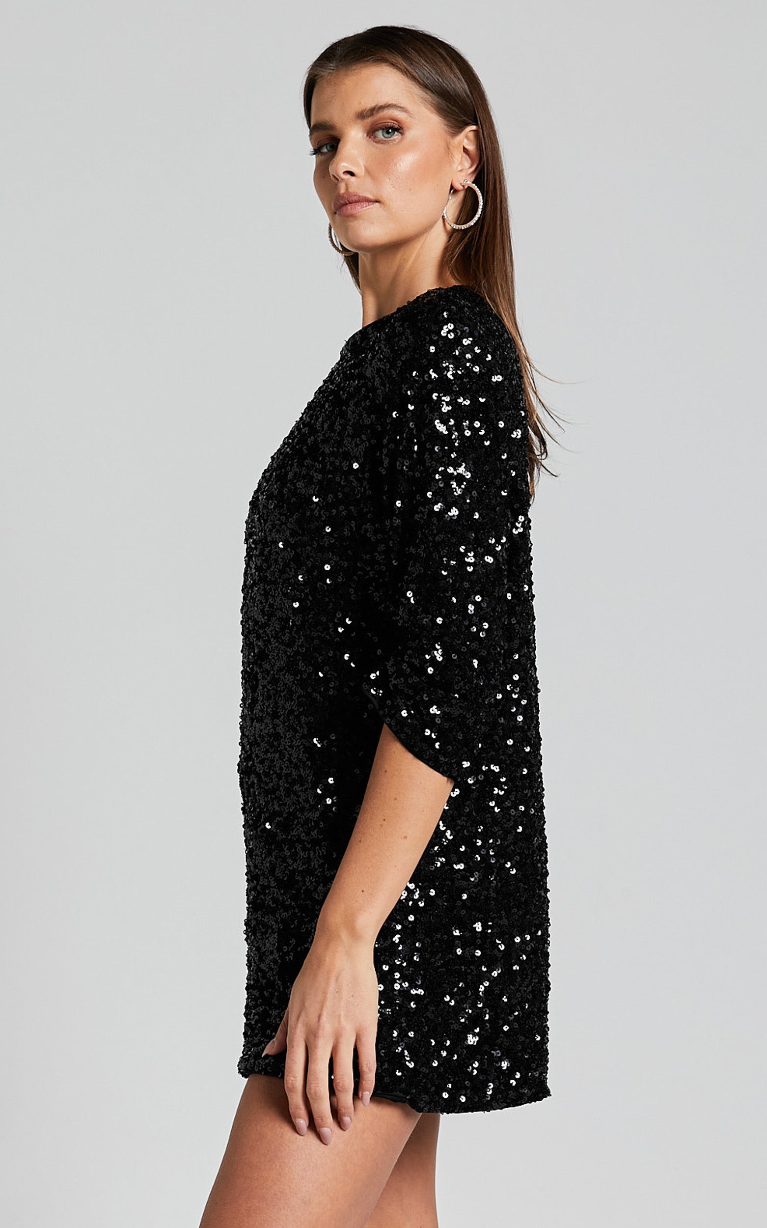 Audrienna Mini Dress - Sequin Long Sleeve Scoop Neck in Black