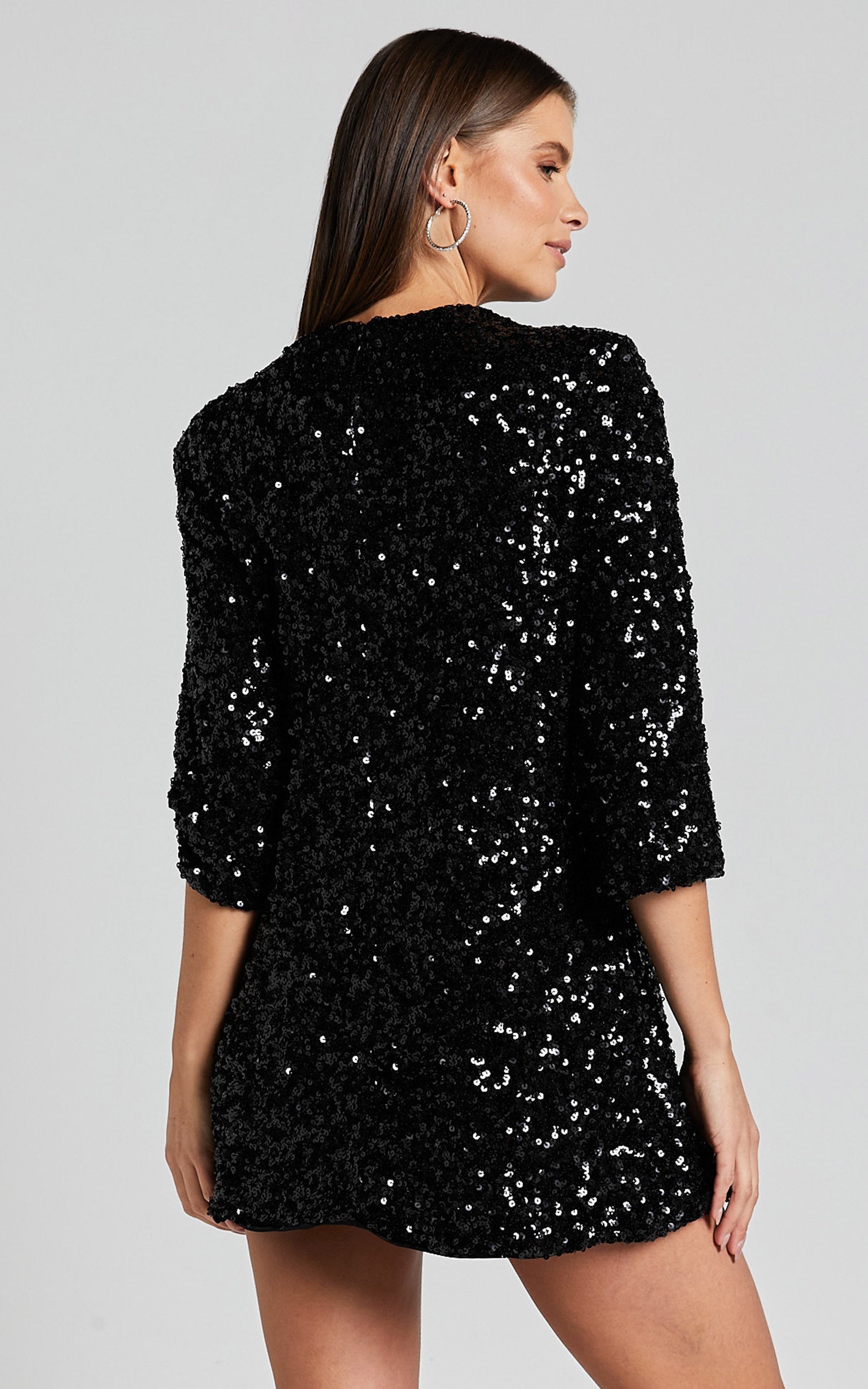 Audrienna Mini Dress - Sequin Long Sleeve Scoop Neck in Black