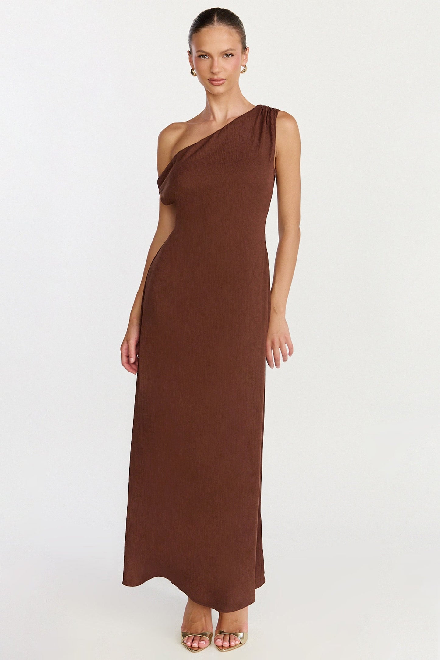 Aurelie Maxi Dress - Off Shoulder Column Dress in Chocolate