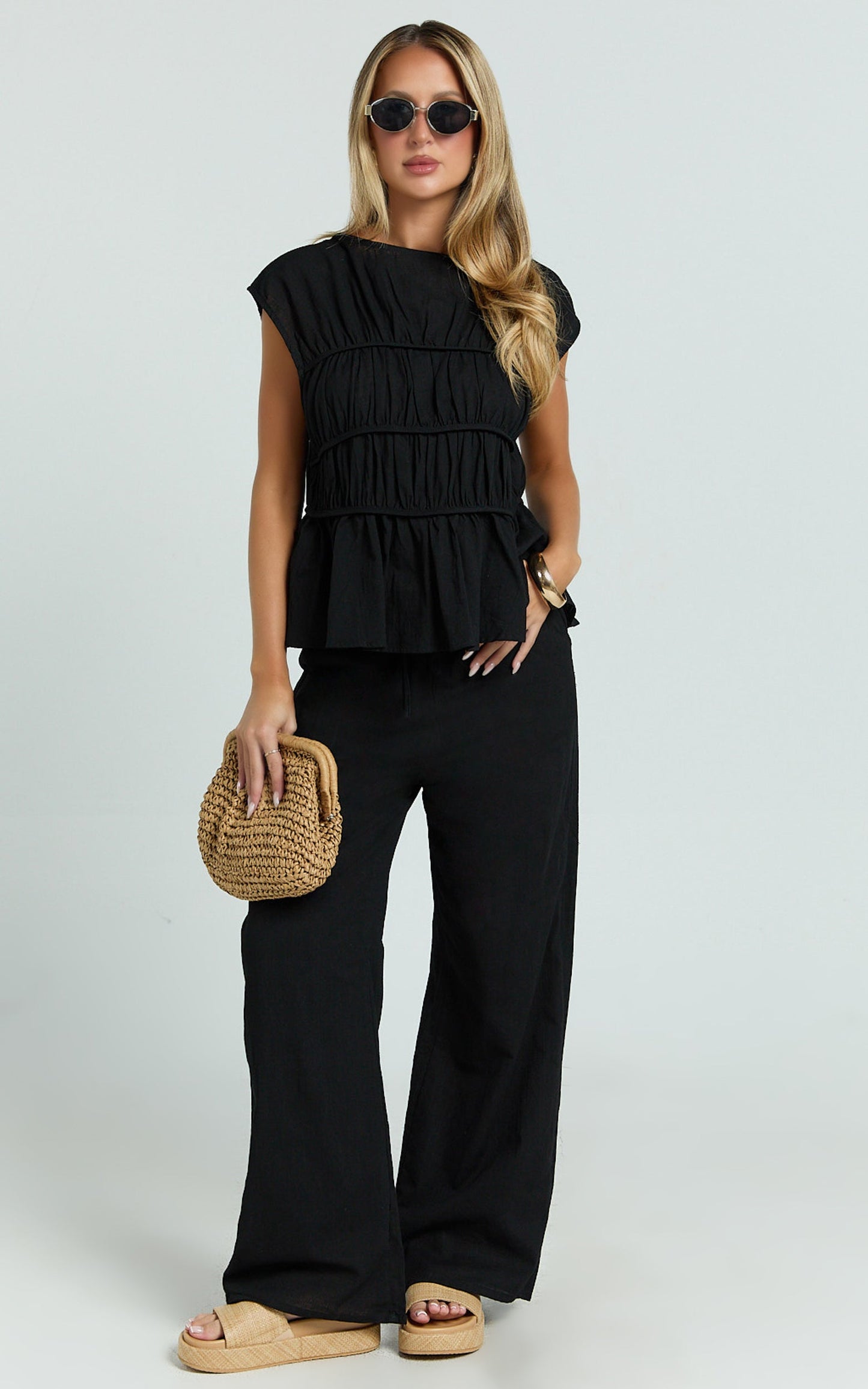Auric Two Piece Set - Ruched Detail Top and Wide Leg Pants Set in Black