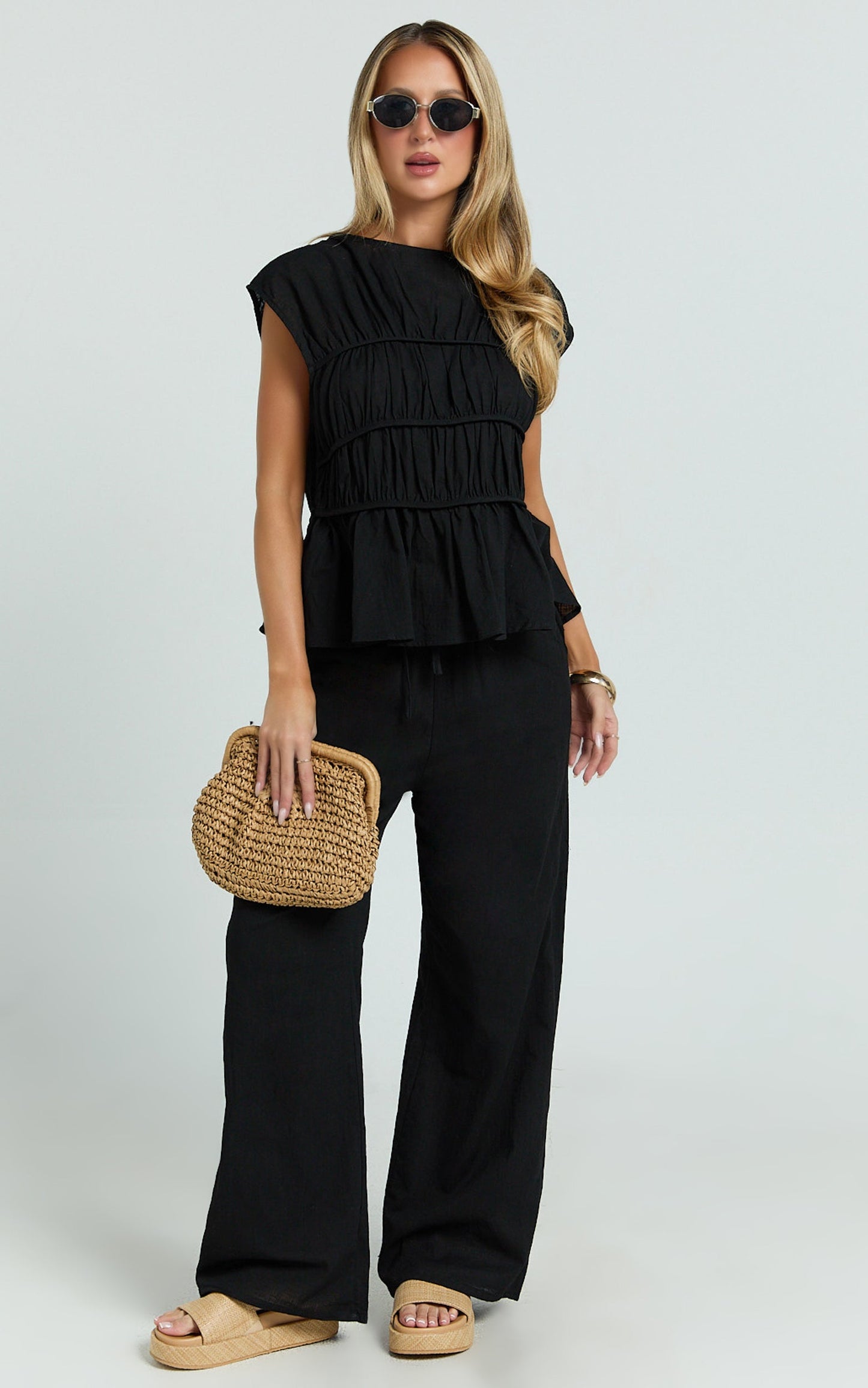 Auric Two Piece Set - Ruched Detail Top and Wide Leg Pants Set in Black