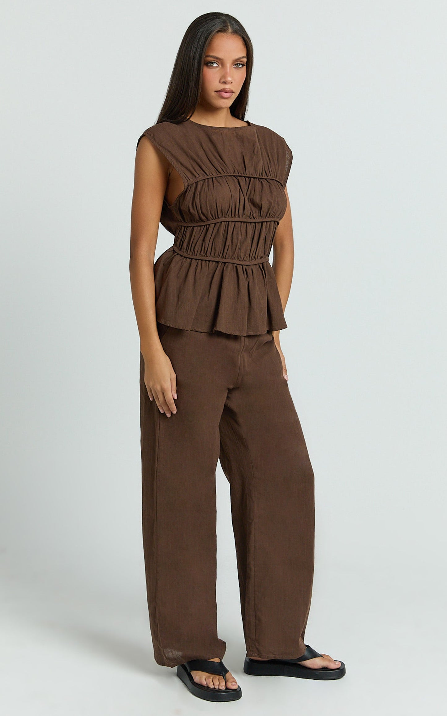 Auric Two Piece Set - Ruched Detail Top and Wide Leg Pants Set in Brown