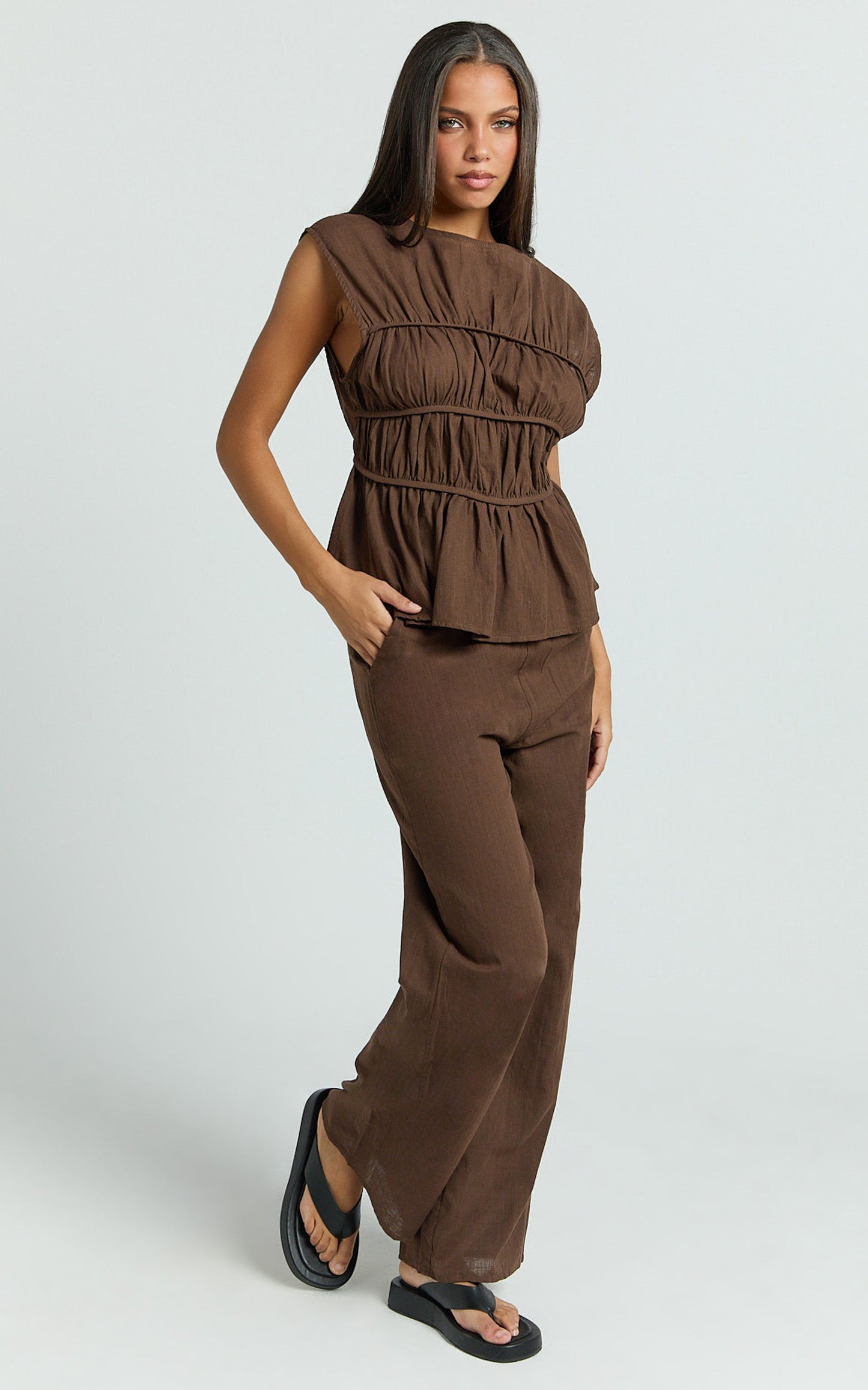 Auric Two Piece Set - Ruched Detail Top and Wide Leg Pants Set in Brown