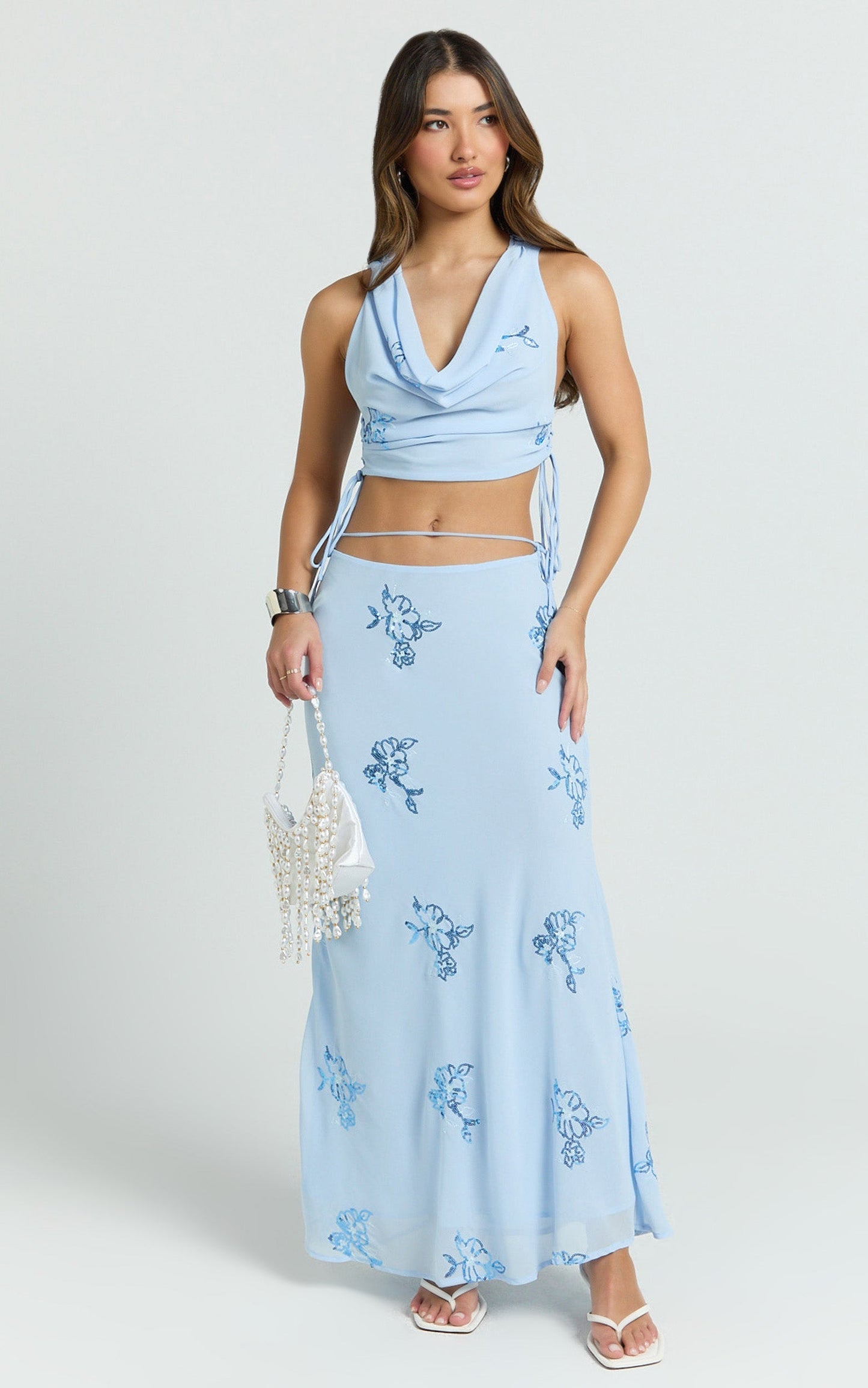 Aurora Two Piece Top and Skirt Set -  Floral Sequin Cowl Neck Top And Maxi Skirt in Baby Blue