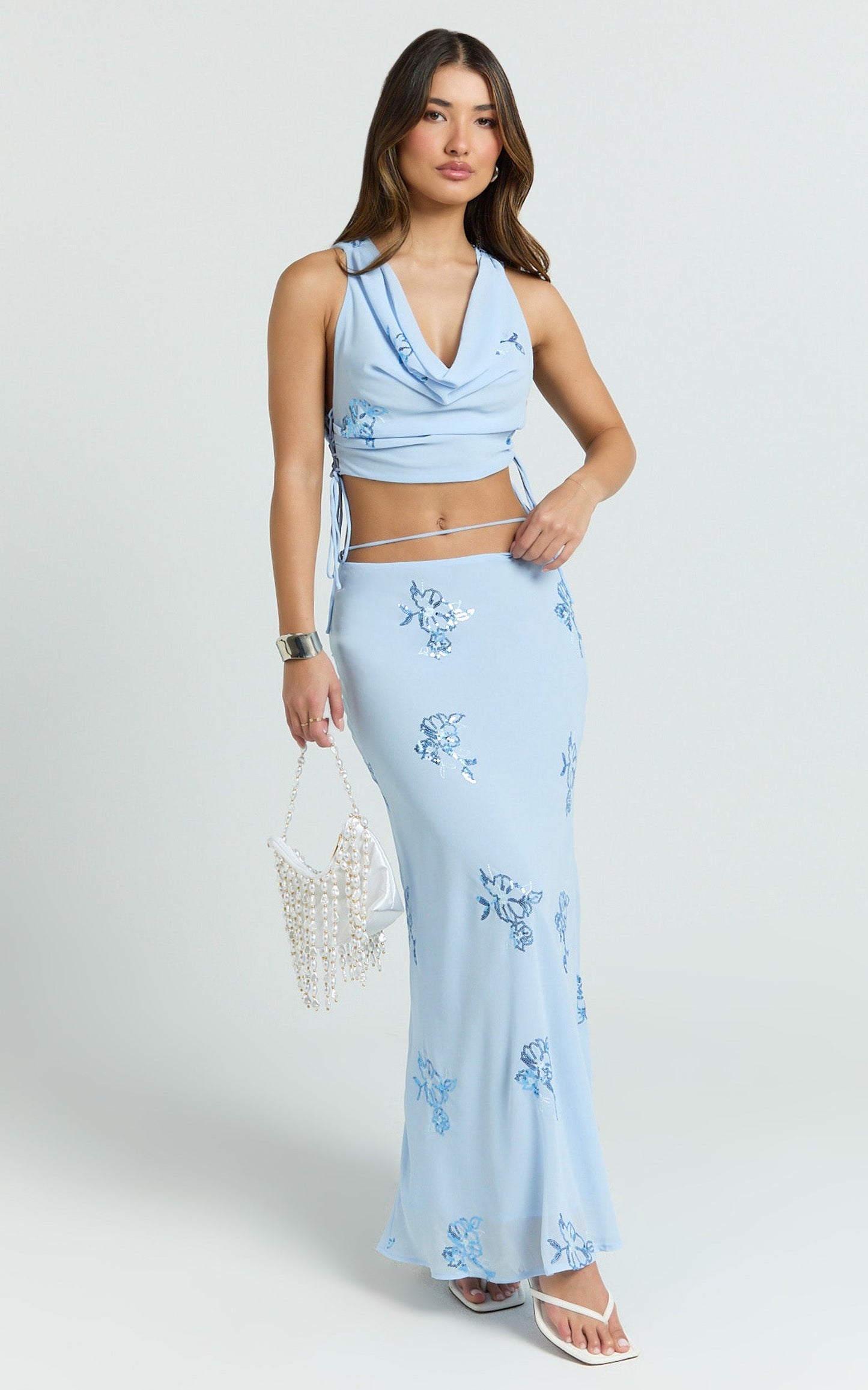 Aurora Two Piece Top and Skirt Set -  Floral Sequin Cowl Neck Top And Maxi Skirt in Baby Blue