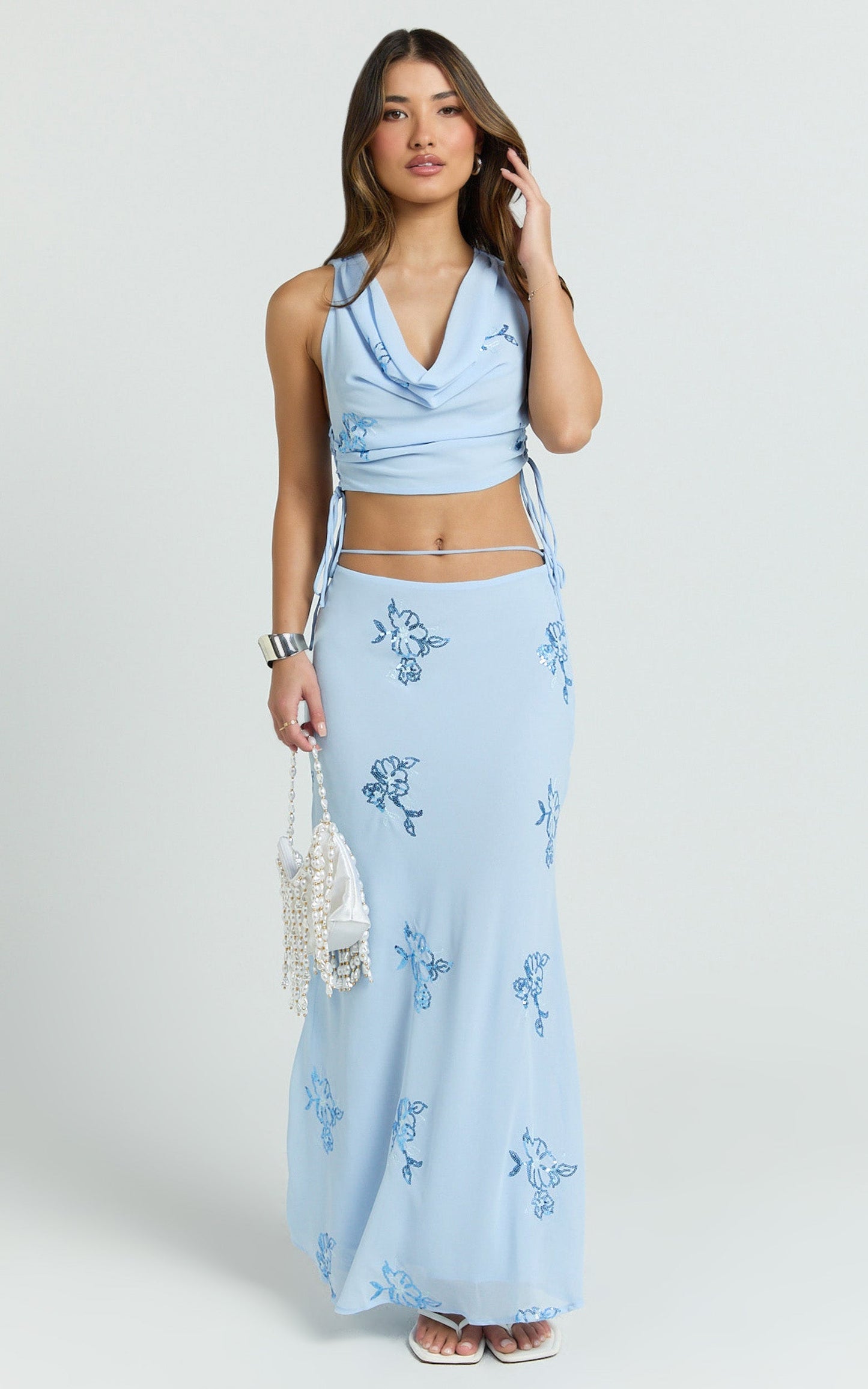 Aurora Two Piece Top and Skirt Set -  Floral Sequin Cowl Neck Top And Maxi Skirt in Baby Blue