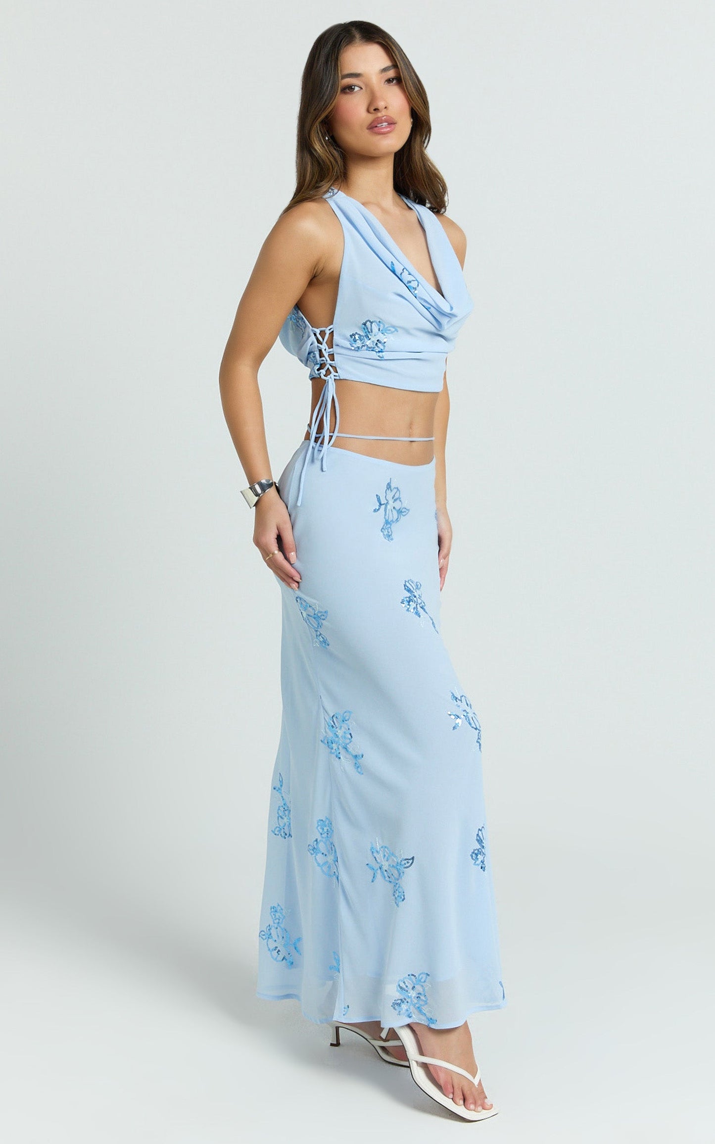 Aurora Two Piece Top and Skirt Set -  Floral Sequin Cowl Neck Top And Maxi Skirt in Baby Blue