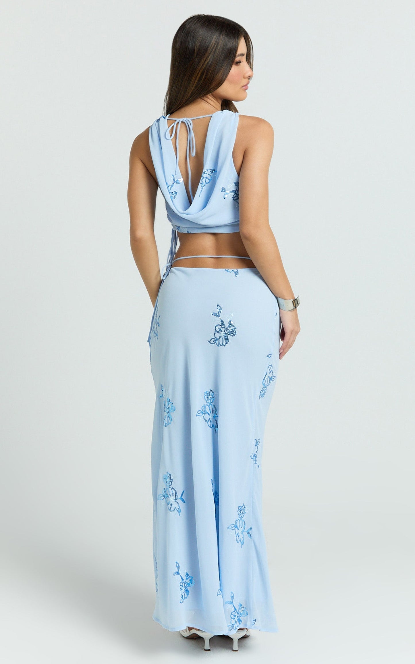 Aurora Two Piece Top and Skirt Set -  Floral Sequin Cowl Neck Top And Maxi Skirt in Baby Blue