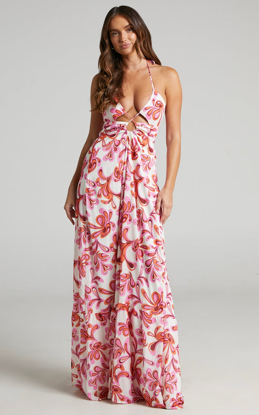 Auroray Cross Front Halter Maxi Dress in Pink Swirl