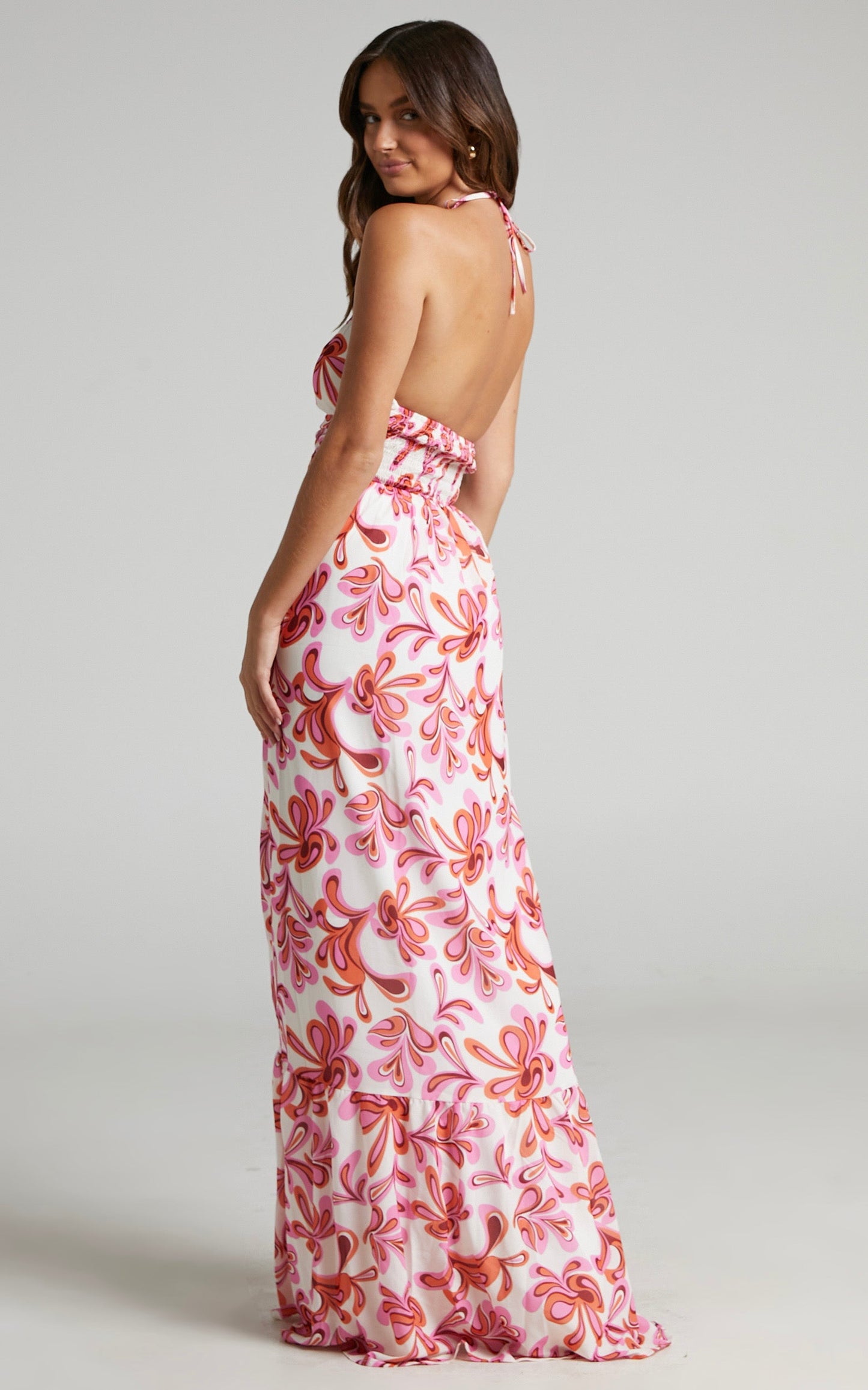 Auroray Cross Front Halter Maxi Dress in Pink Swirl