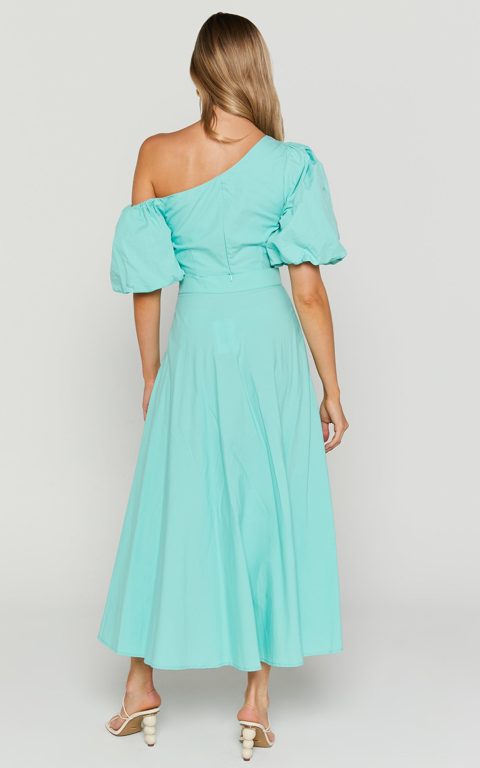 Austin Two Piece Set - Asymmetrical Top and Midi Skirt Set in Auqa