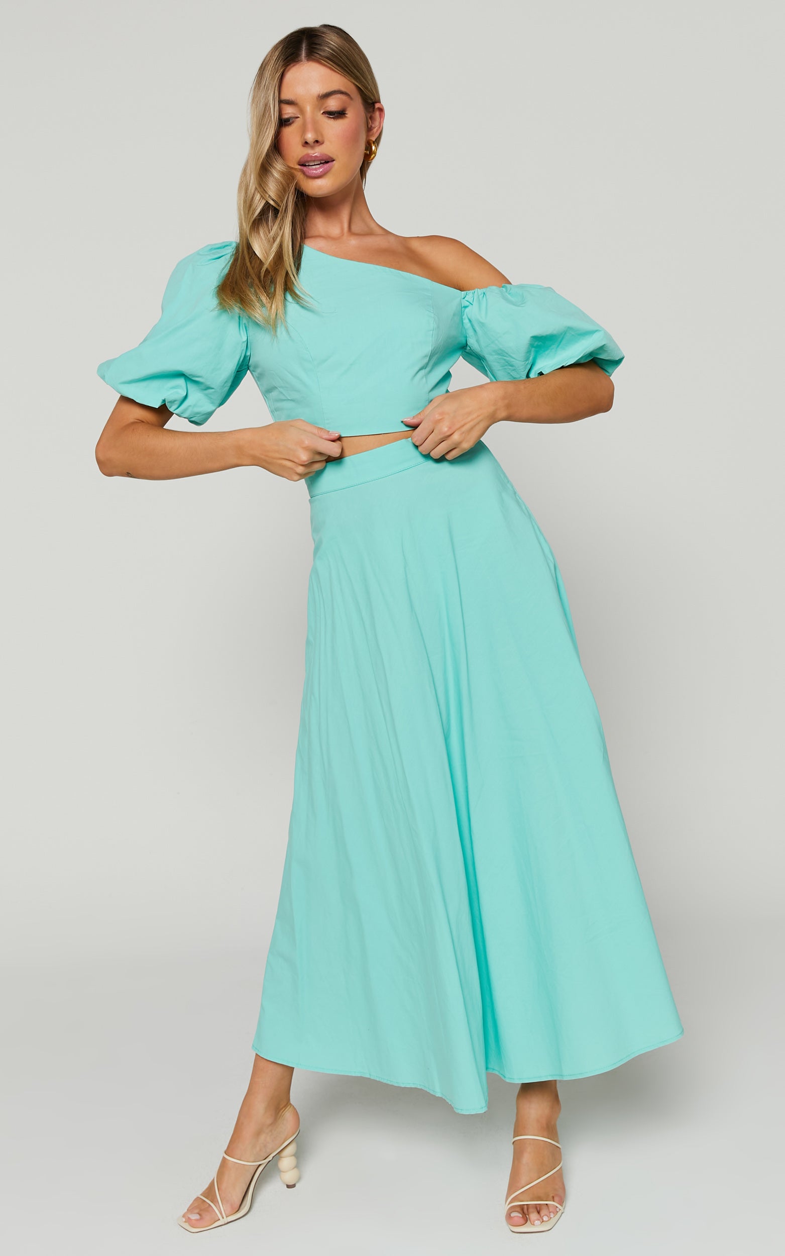 Austin Two Piece Set - Asymmetrical Top and Midi Skirt Set in Auqa