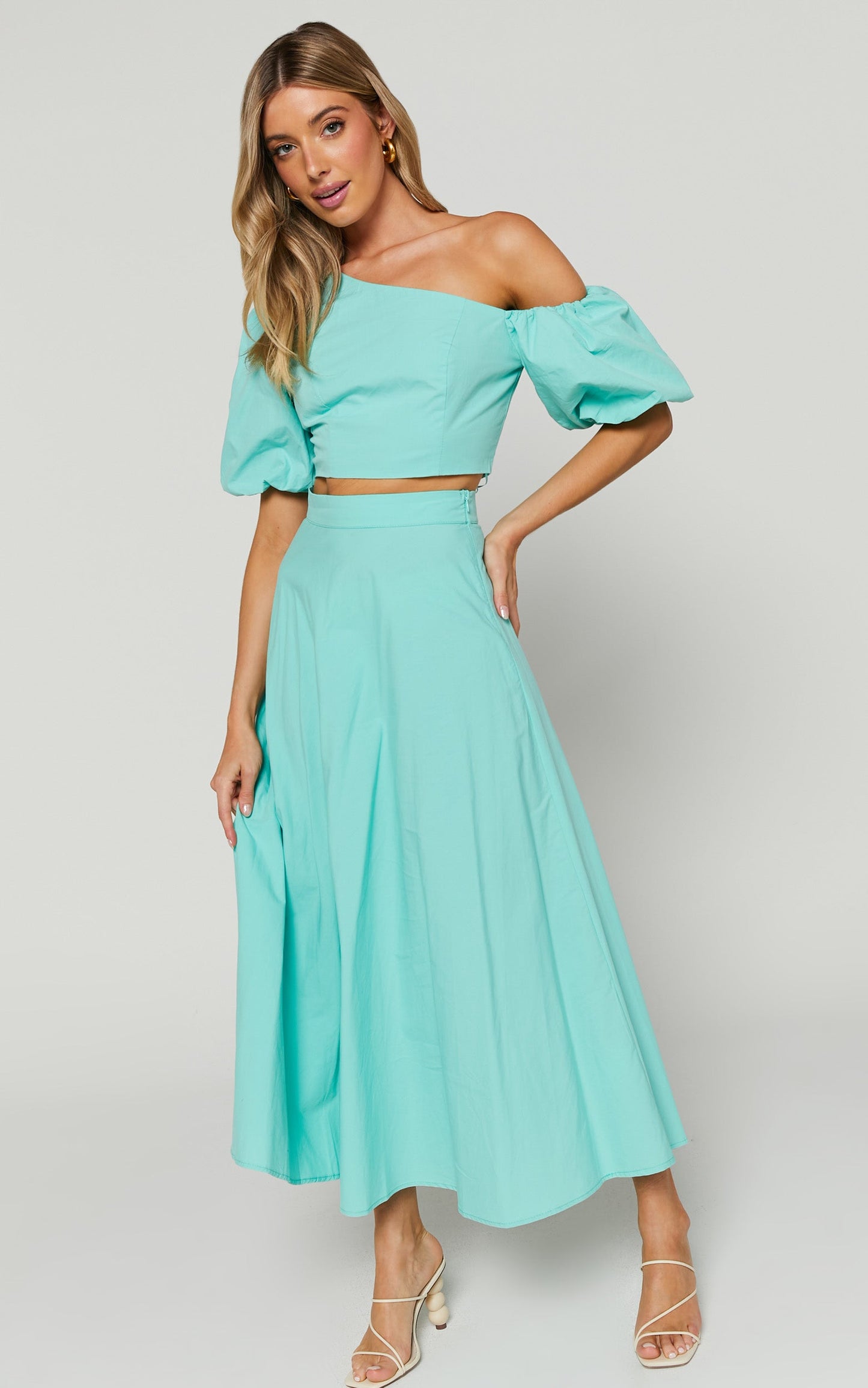 Austin Two Piece Set - Asymmetrical Top and Midi Skirt Set in Auqa