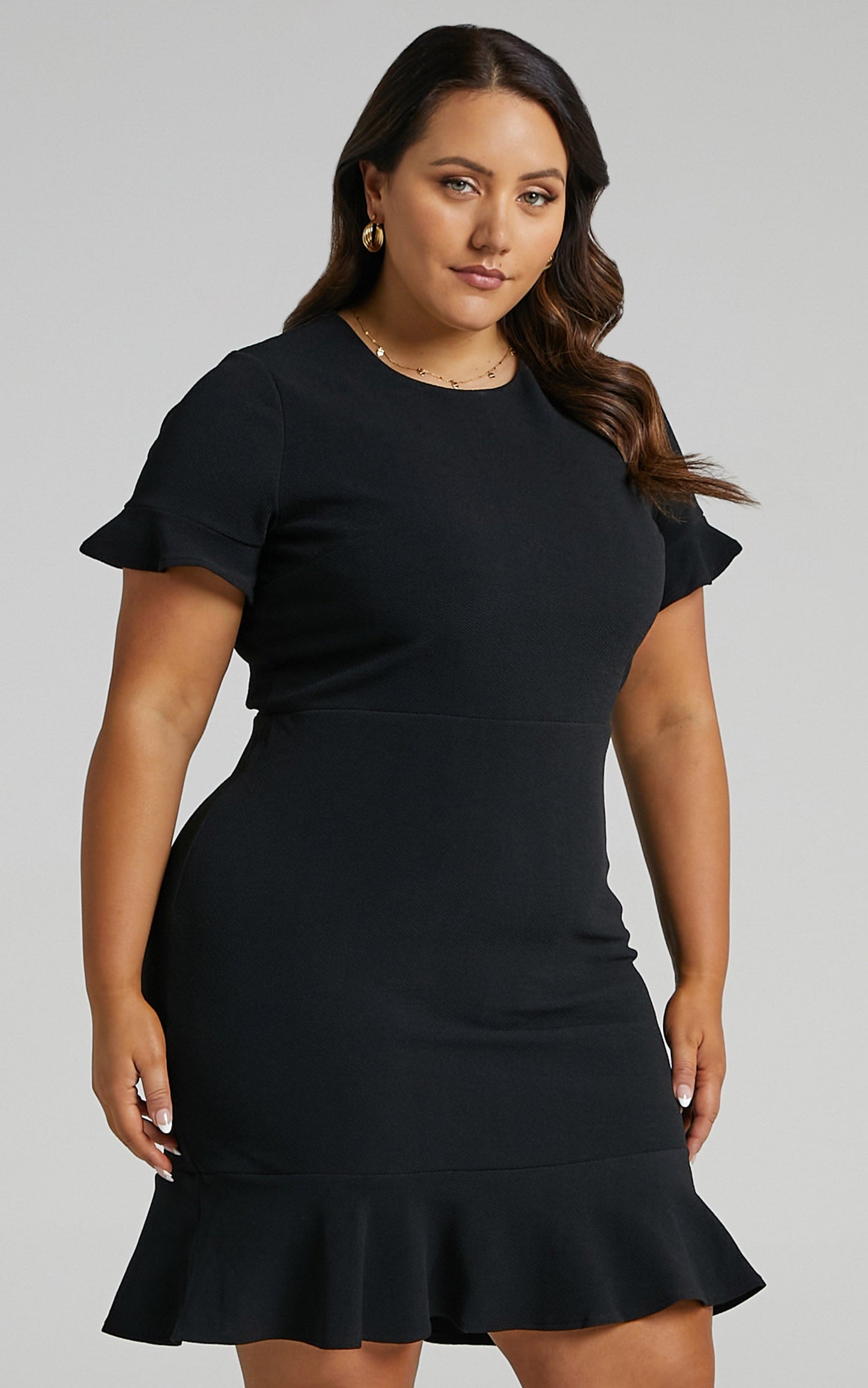 Authority Mini Dress - Peplum Scoop Neck Short Sleeve Frill Dress in Black