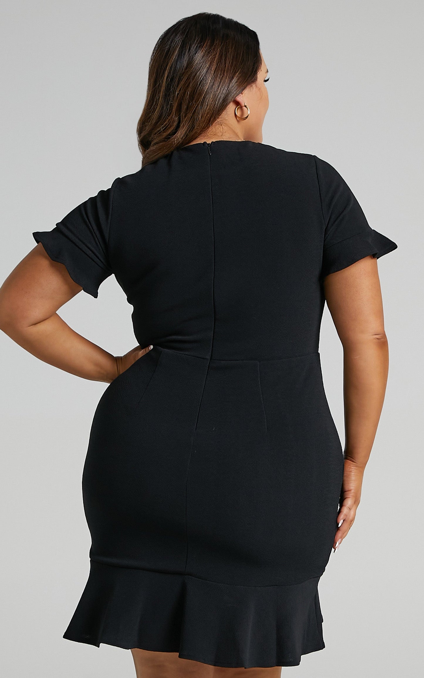 Authority Mini Dress - Peplum Scoop Neck Short Sleeve Frill Dress in Black