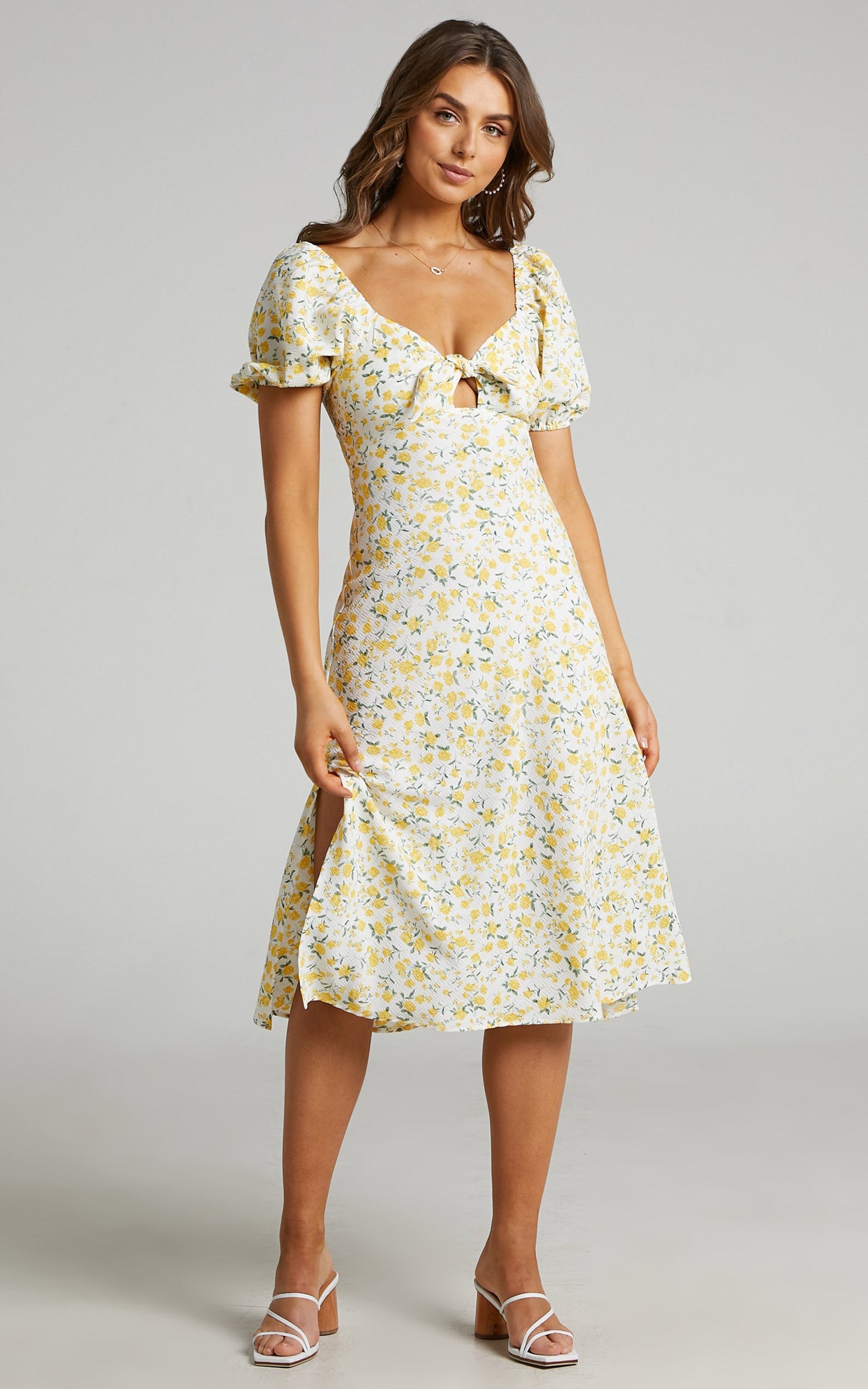 Ava Tie Front Midi with Side Splits and Puff Sleeves in White Floral