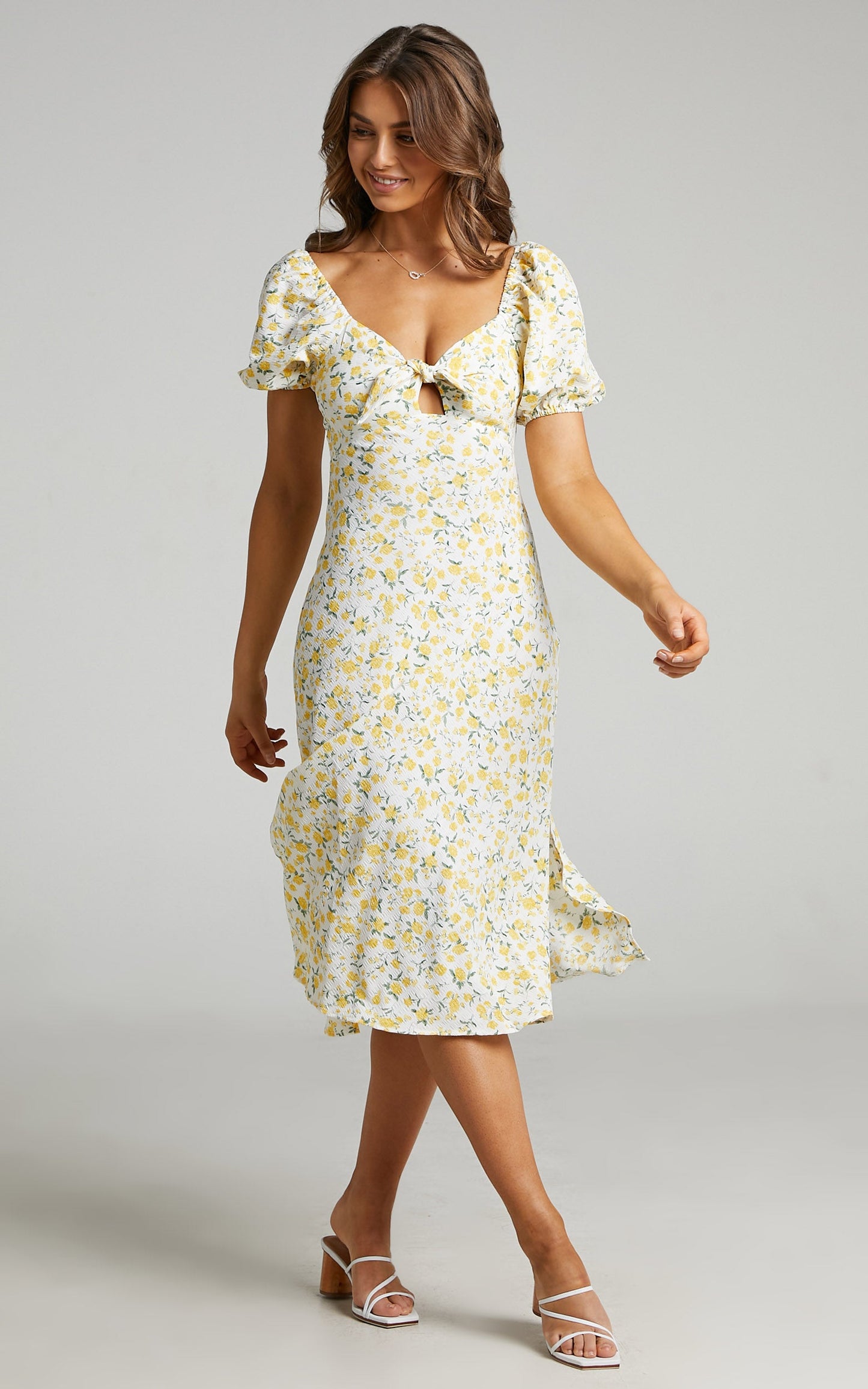 Ava Tie Front Midi with Side Splits and Puff Sleeves in White Floral