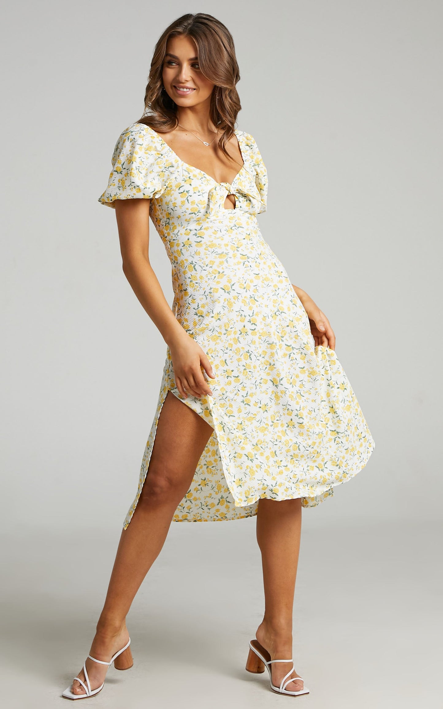 Ava Tie Front Midi with Side Splits and Puff Sleeves in White Floral