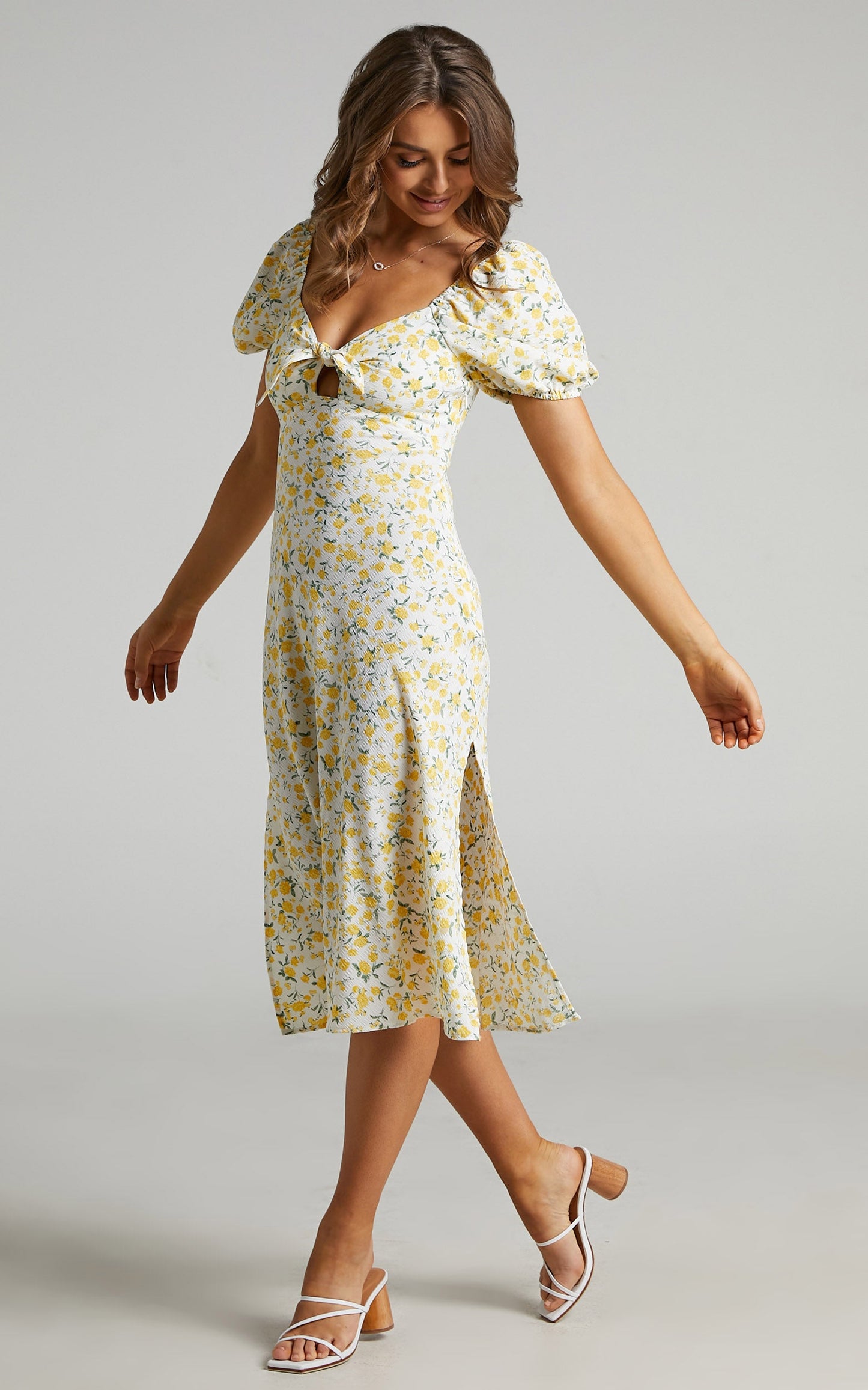Ava Tie Front Midi with Side Splits and Puff Sleeves in White Floral