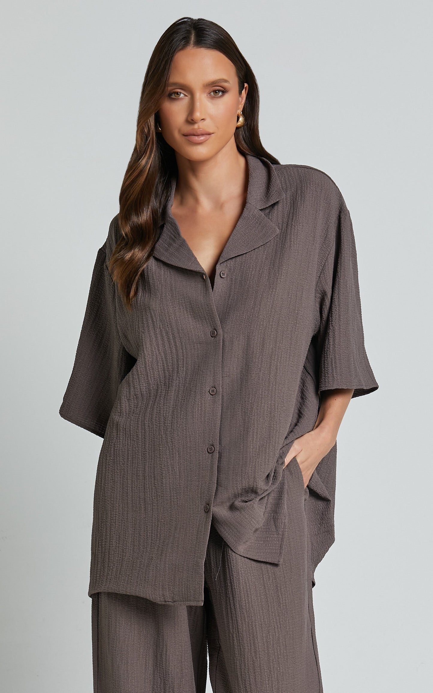 Ava Top - Collar Button Through Oversized Short Sleeve Textured Shirt in Mocha