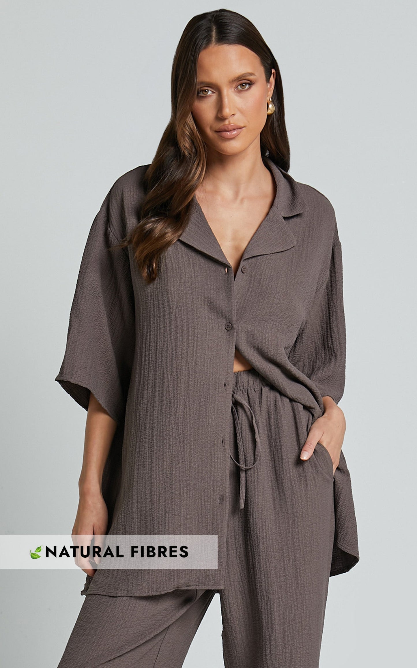 Ava Top - Collar Button Through Oversized Short Sleeve Textured Shirt in Mocha