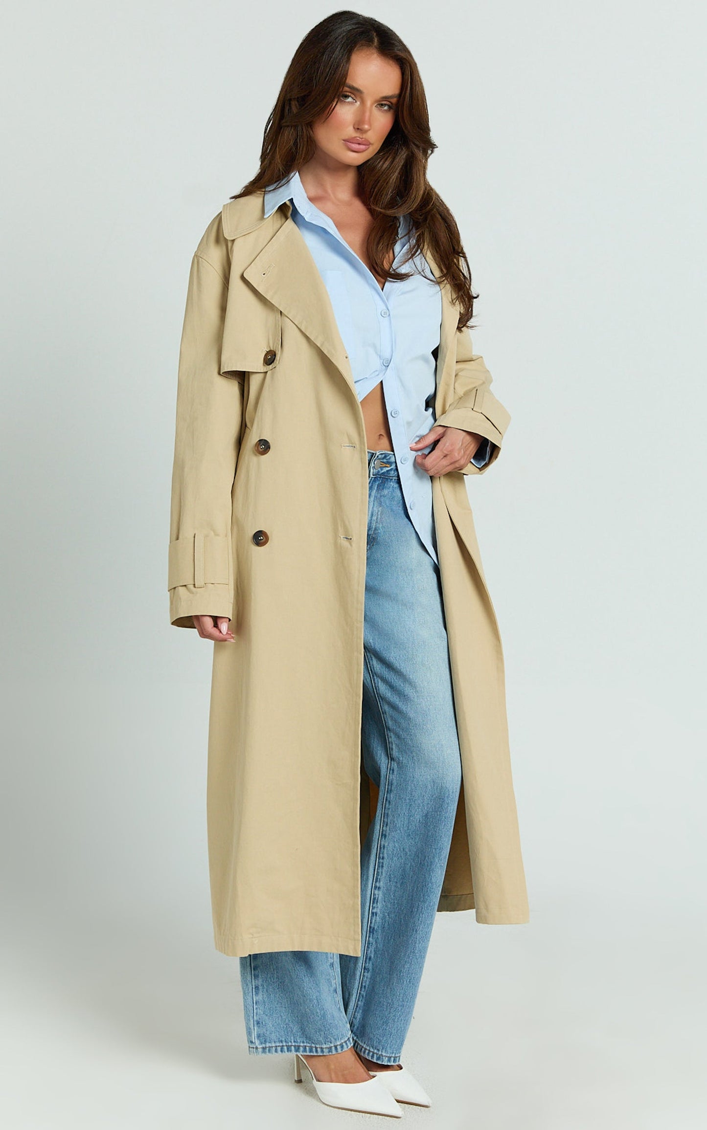 Avah Trench Coat - Double Breasted Tie Waist Coat in Camel