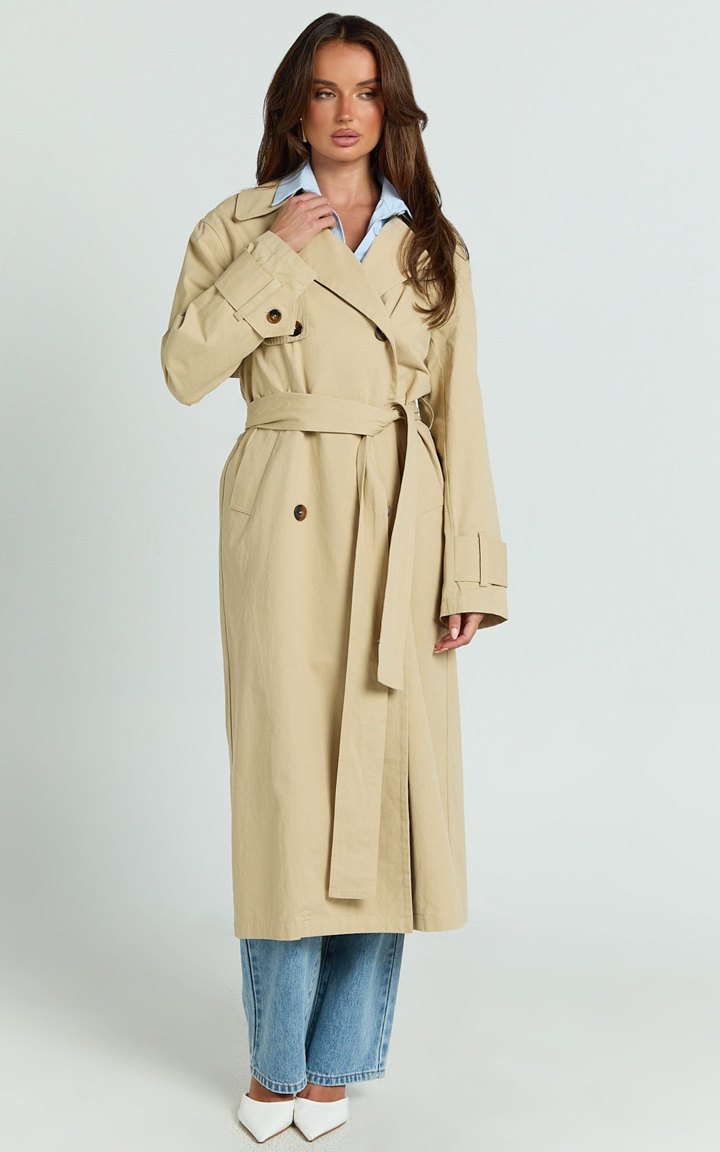 Avah Trench Coat - Double Breasted Tie Waist Coat in Camel