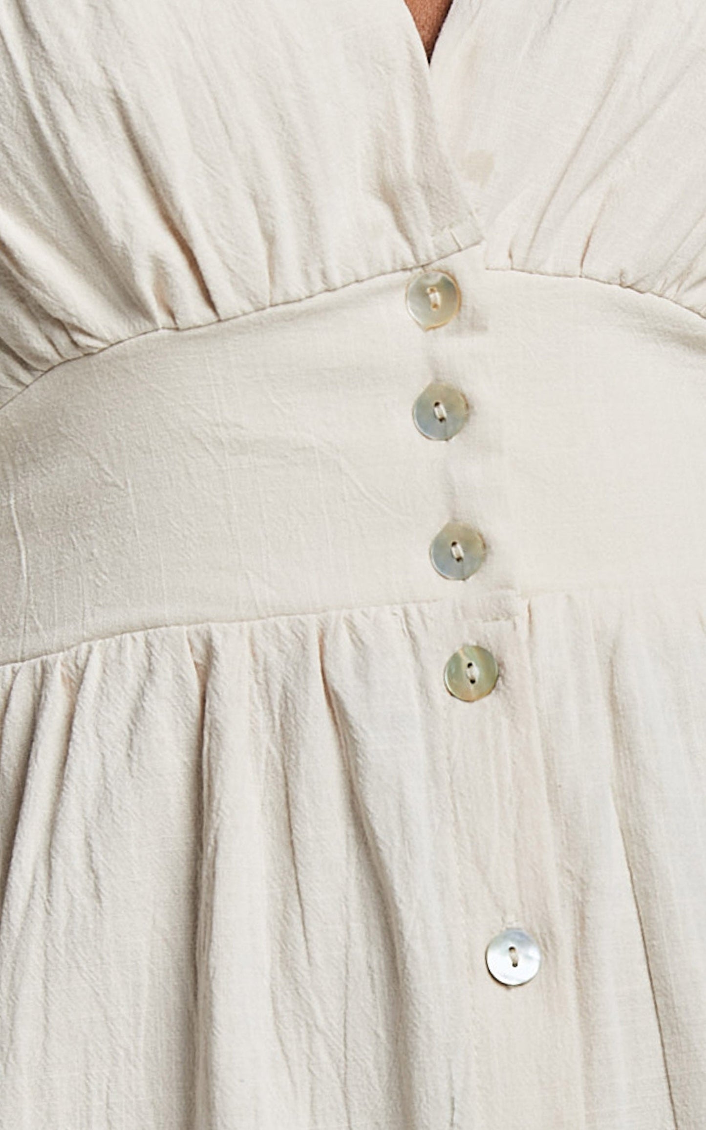 Avegail Midi Dress - V Neck Button Through Short Sleeve Dress in Bone