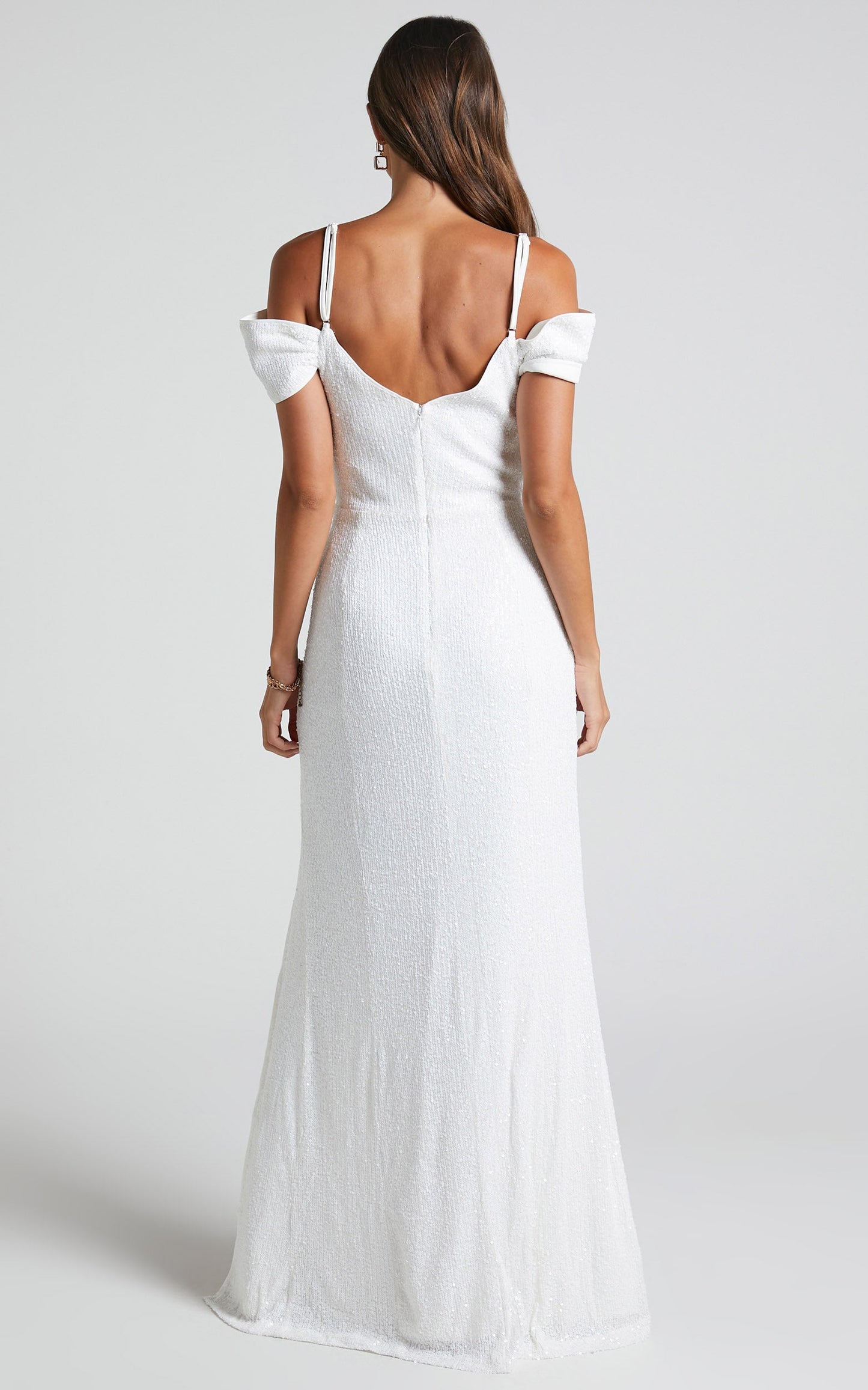 Avelinda Maxi Dress - Off Shoulder Cowl Neck Sequin Dress in White
