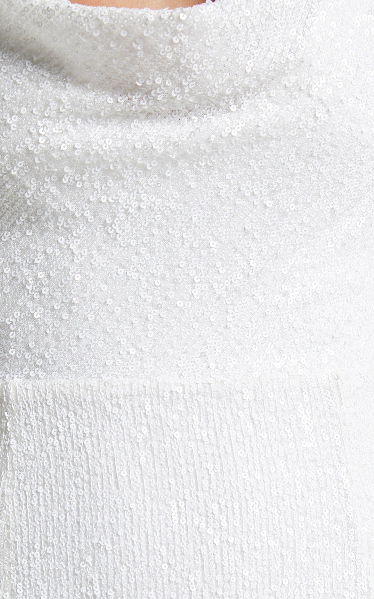 Avelinda Maxi Dress - Off Shoulder Cowl Neck Sequin Dress in White