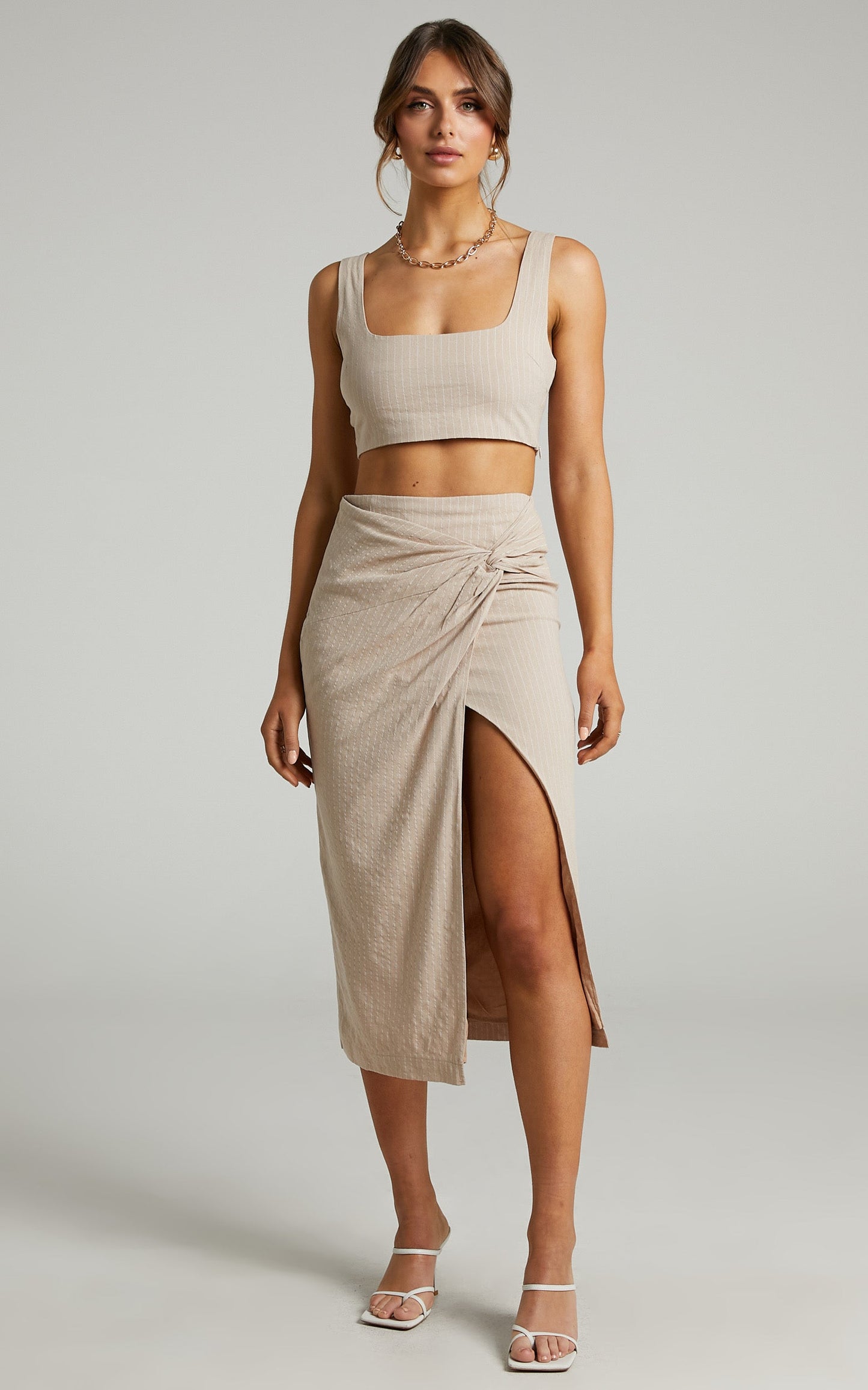 Avery Crop top and Twist Midi skirt Two Piece Set in Beige Stripe