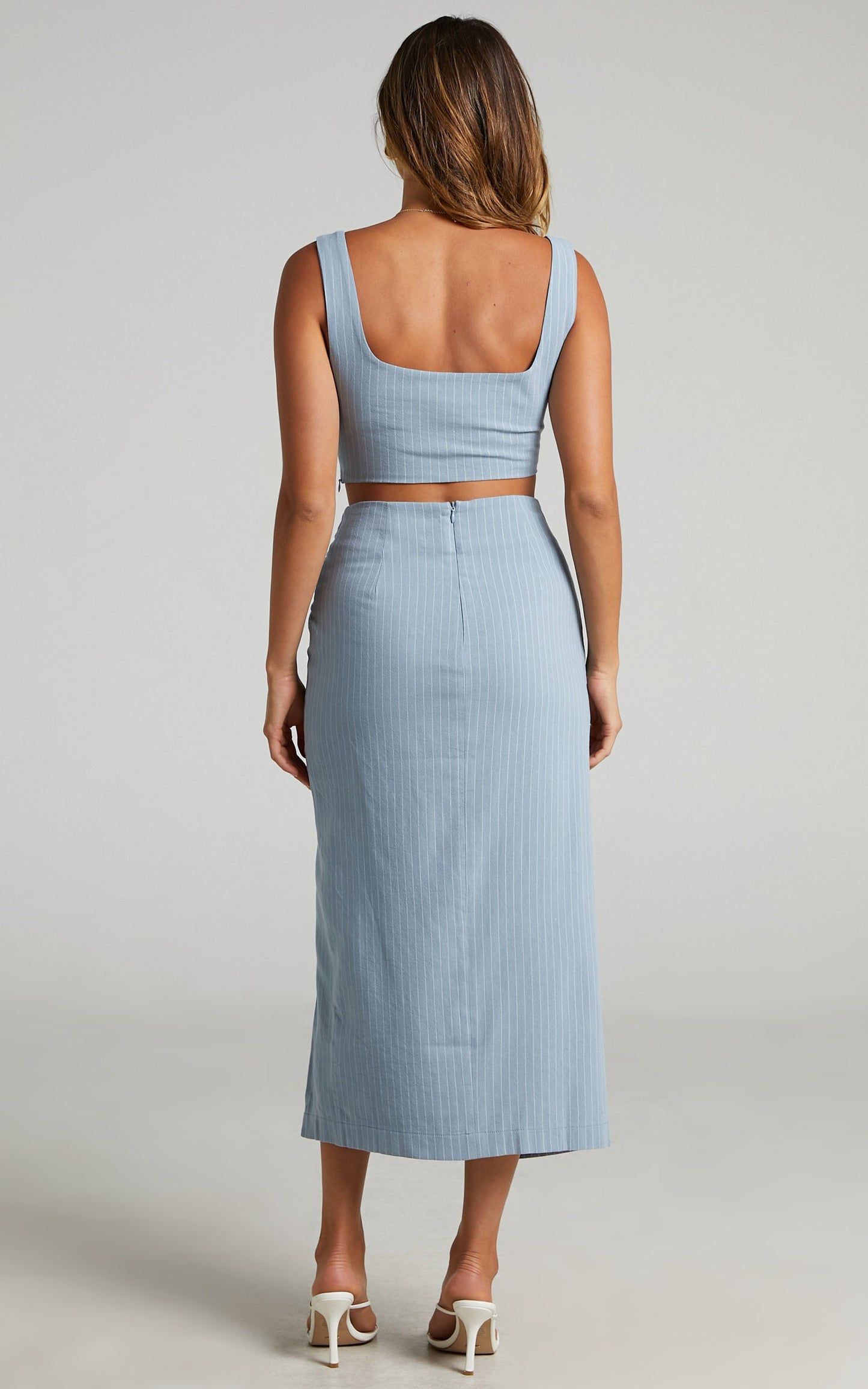 Avery Crop top and Twist Midi skirt Two Piece Set in Light Blue Stripe